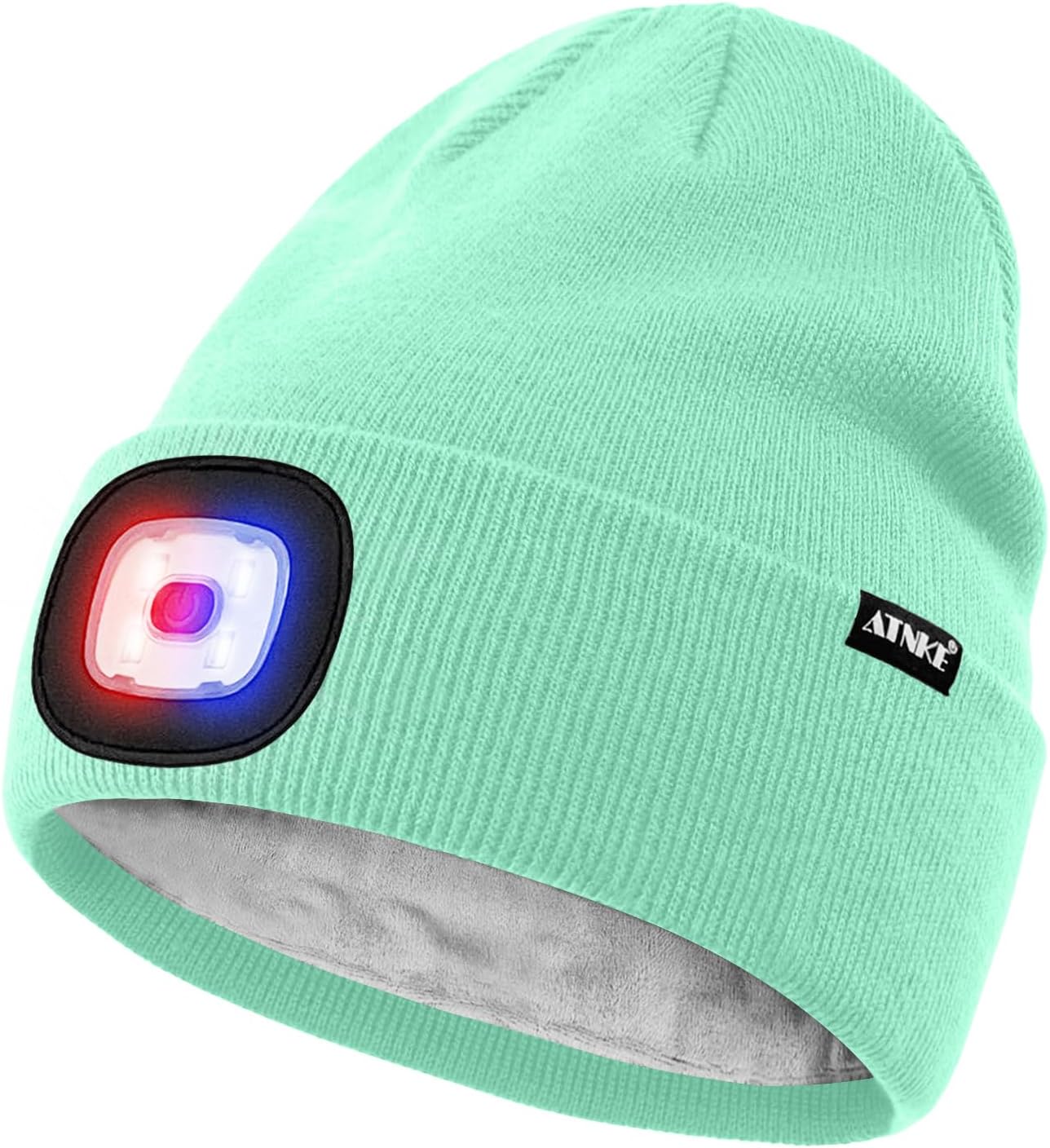 ATNKE LED Lighted Beanie Hat,USB Rechargeable 4 LED Red and Blue Flashed Run Headlamp Lined Fleece Cap for Men and Women