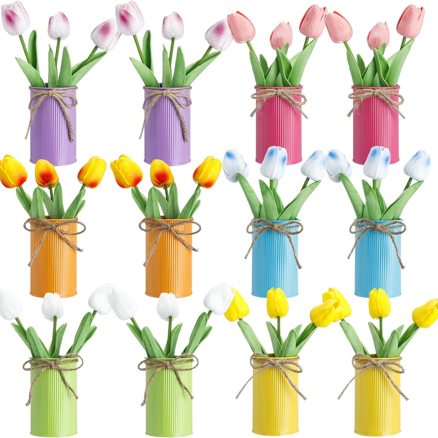 Uiifan 12 Sets Easter Centerpieces for Tables Easter Office Decorations Spring Artificial Tulip with Galvanized Metal Pot Colorful Artificial Tulips Flowers for Home Office Wedding Party Baby Shower
