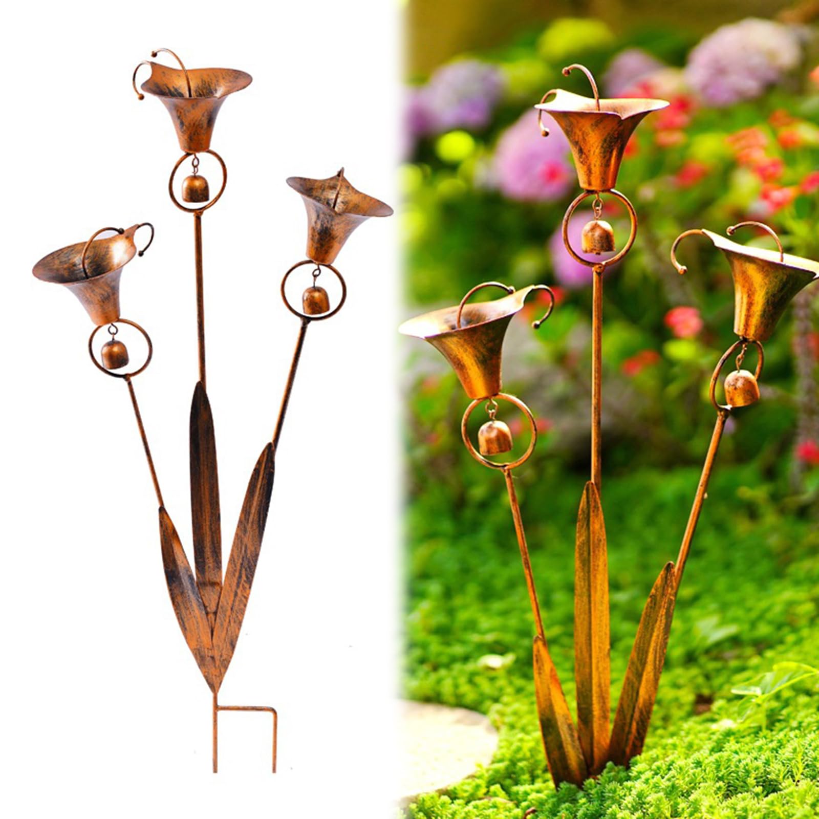 Aodejoy 01 Flamed Copper Three Calla Lilies Garden Stake With Bells, Handmade Metal Flower Outdoor Yard Decor, Durable Weather Resistant Rustic Handmade Ornament For Garden Patio Lawn Walkways Flower Bed