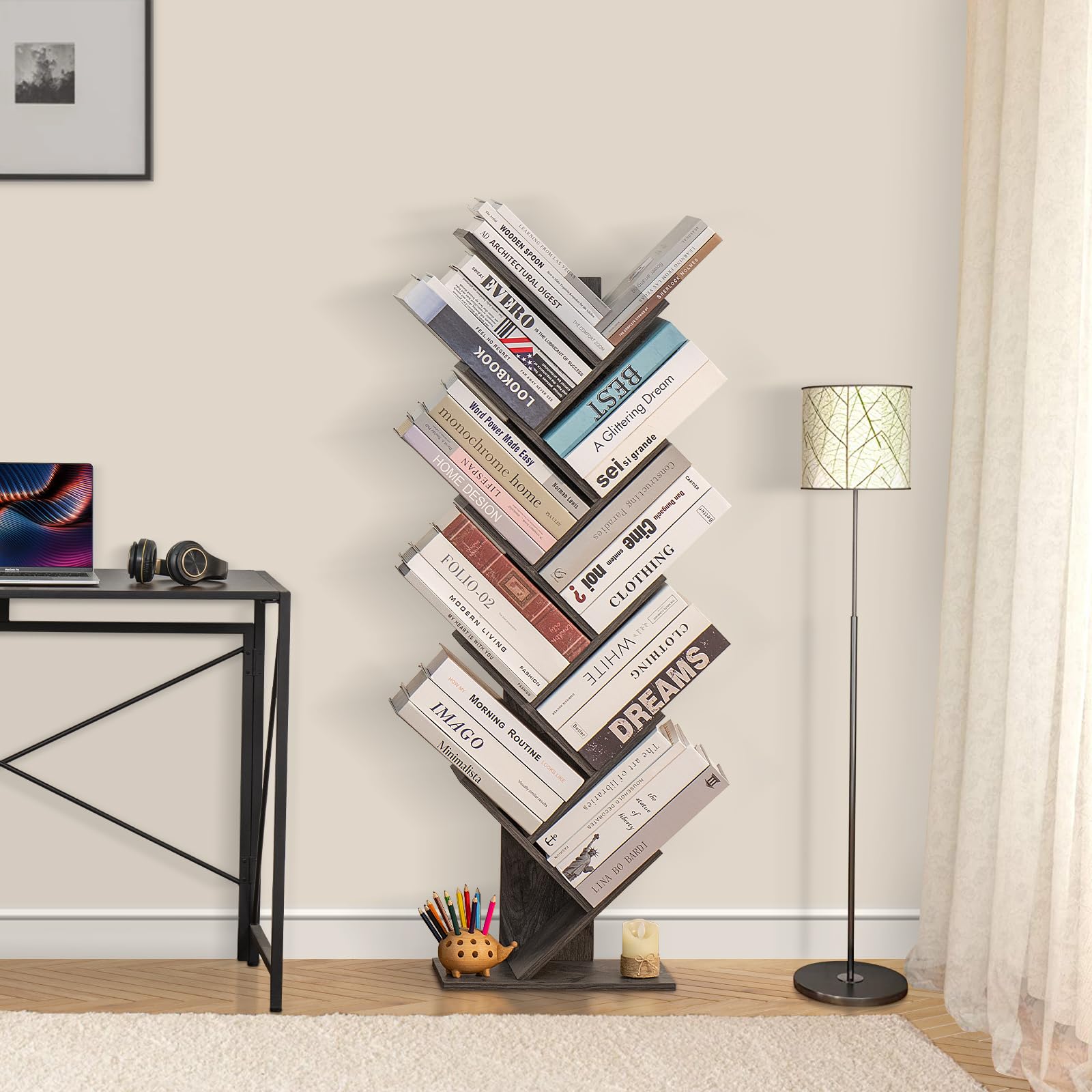 SHEEPAM 10 Tier Tree Book Shelf, Floor Standing Wood Bookshelf for Narrow Space, Storage Organizer Bookshelves for Books/CDs/Magazine, Bookcase with Shelves for Home Office, Living Room - Dark Grey