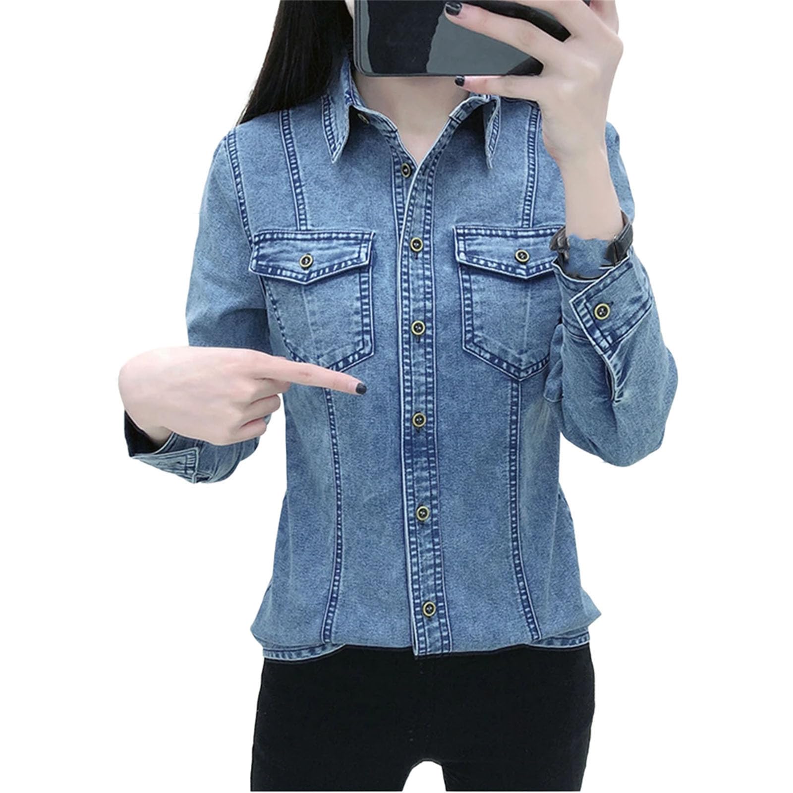 Camicia da donna in denim casual tinta unita con bottoni singoli tasche a maniche lunghe top camicie camicette