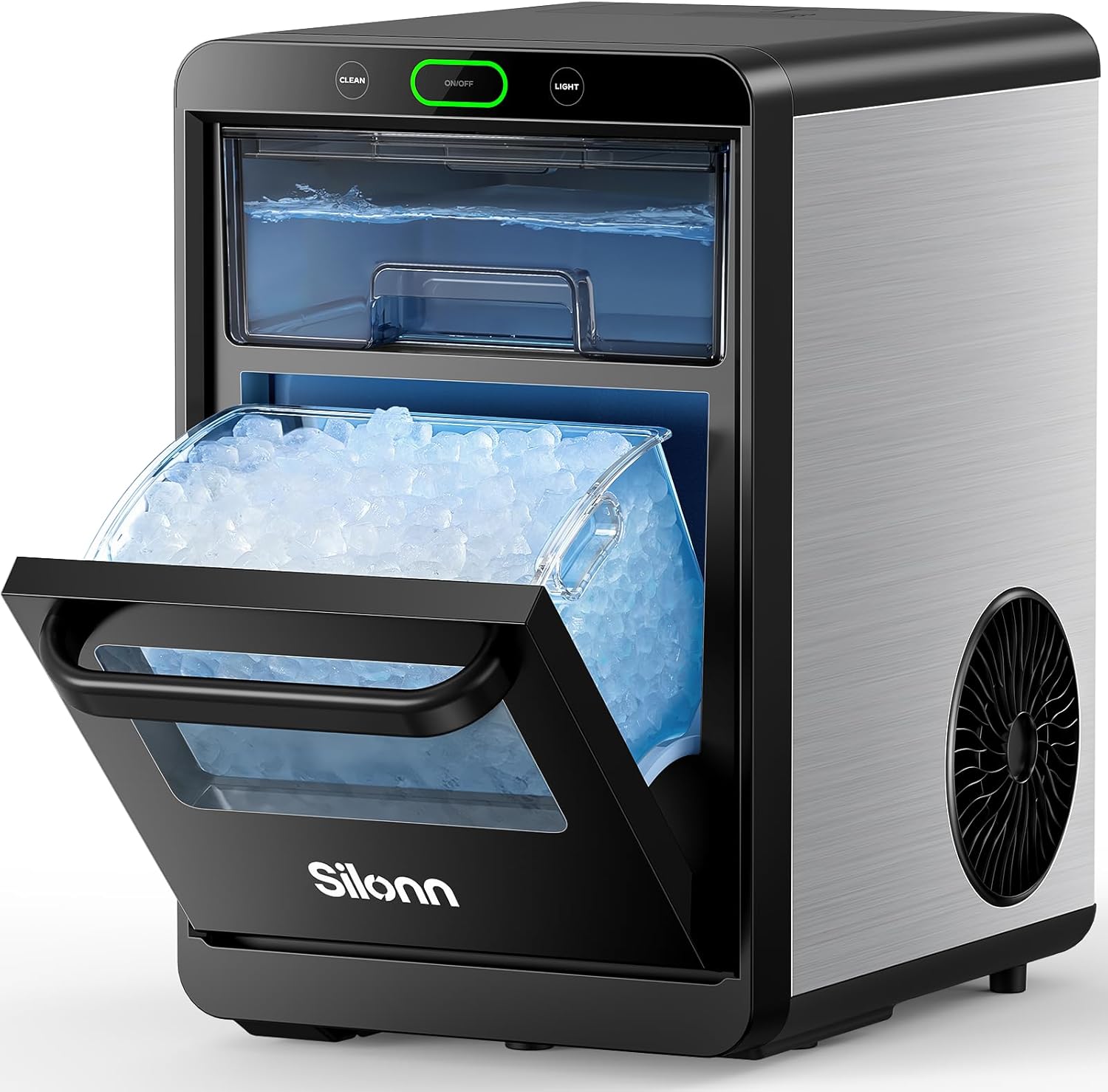 Nugget Ice Maker Countertop - Silonn Pebble Ice Maker Machine Crushed Ice, Pellet Ice 44 lbs per Day, Pull-Out Water Tank and Removable Ice Basket for Home, Kitchen, Stainless Steel