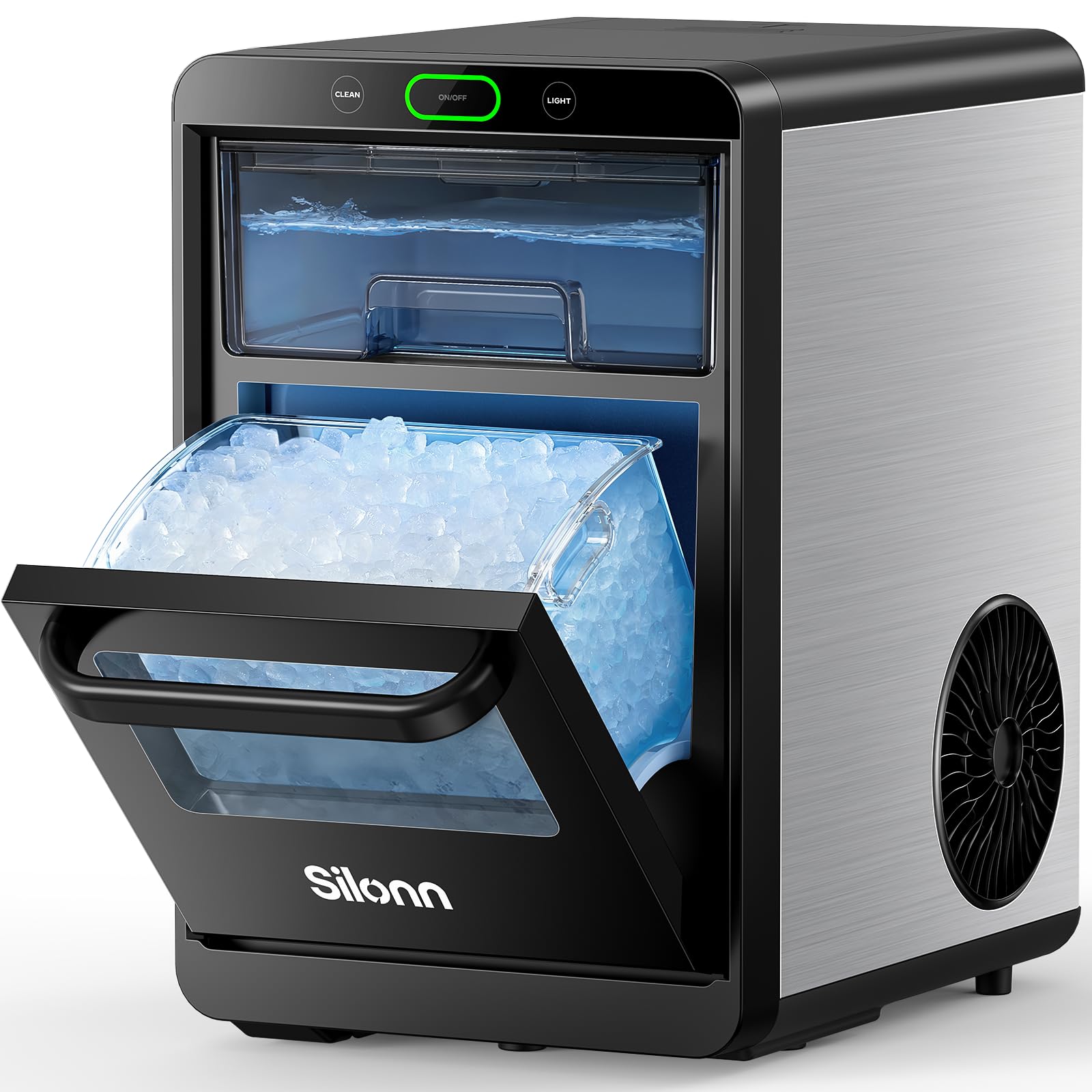 Nugget Ice Maker Countertop - Silonn Pebble Ice Maker Machine Crushed Ice, Pellet Ice 44 lbs per Day, Pull-Out Water Tank and Removable Ice Basket for Home, Kitchen, Stainless Steel | Fridge.com