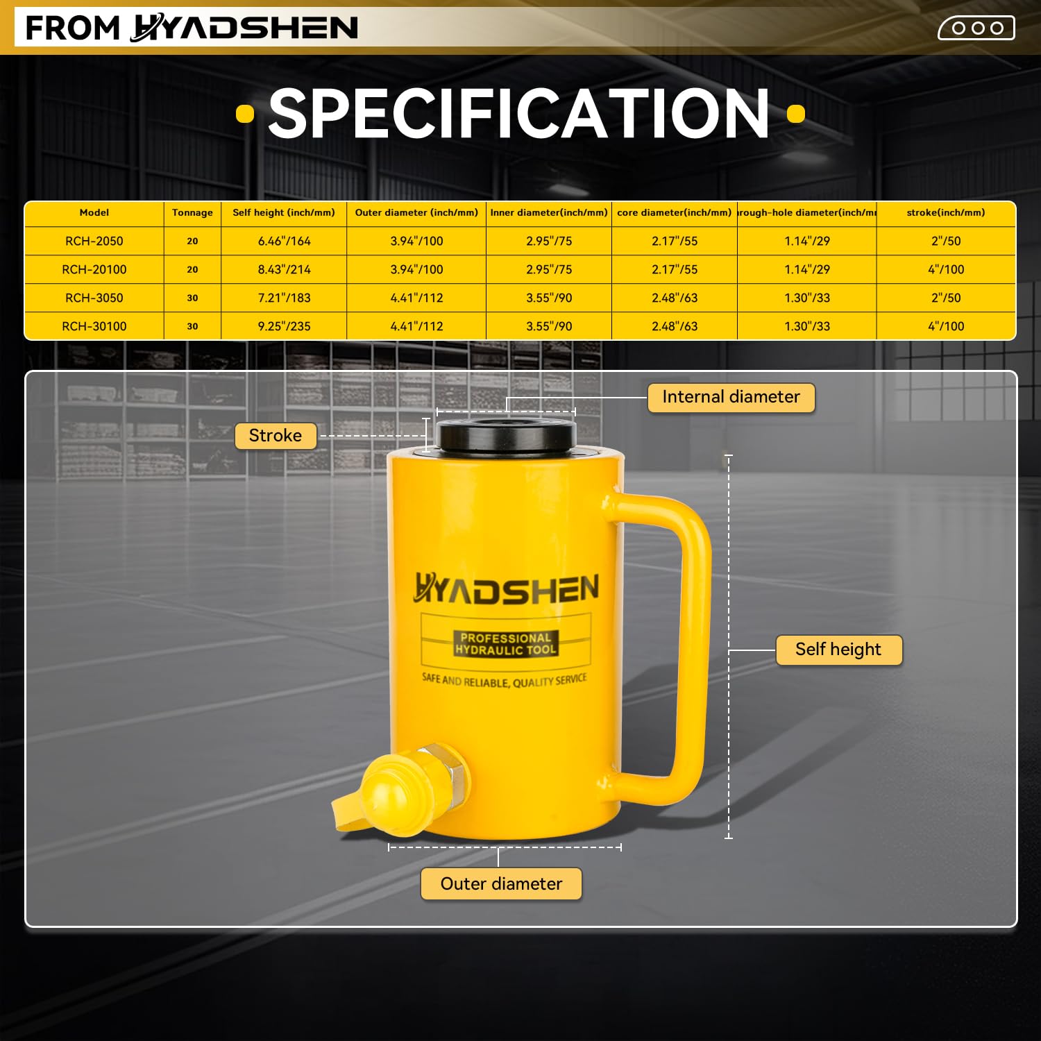 HYADSHEN 30T 4” Stroke Hydraulic Hollow Cylinder Jack Porta Power Ram Jack Hydraulic Lifting Cylinder Industrial Hollow Hydraulic Cylinder for Machinery and Shipbuilding