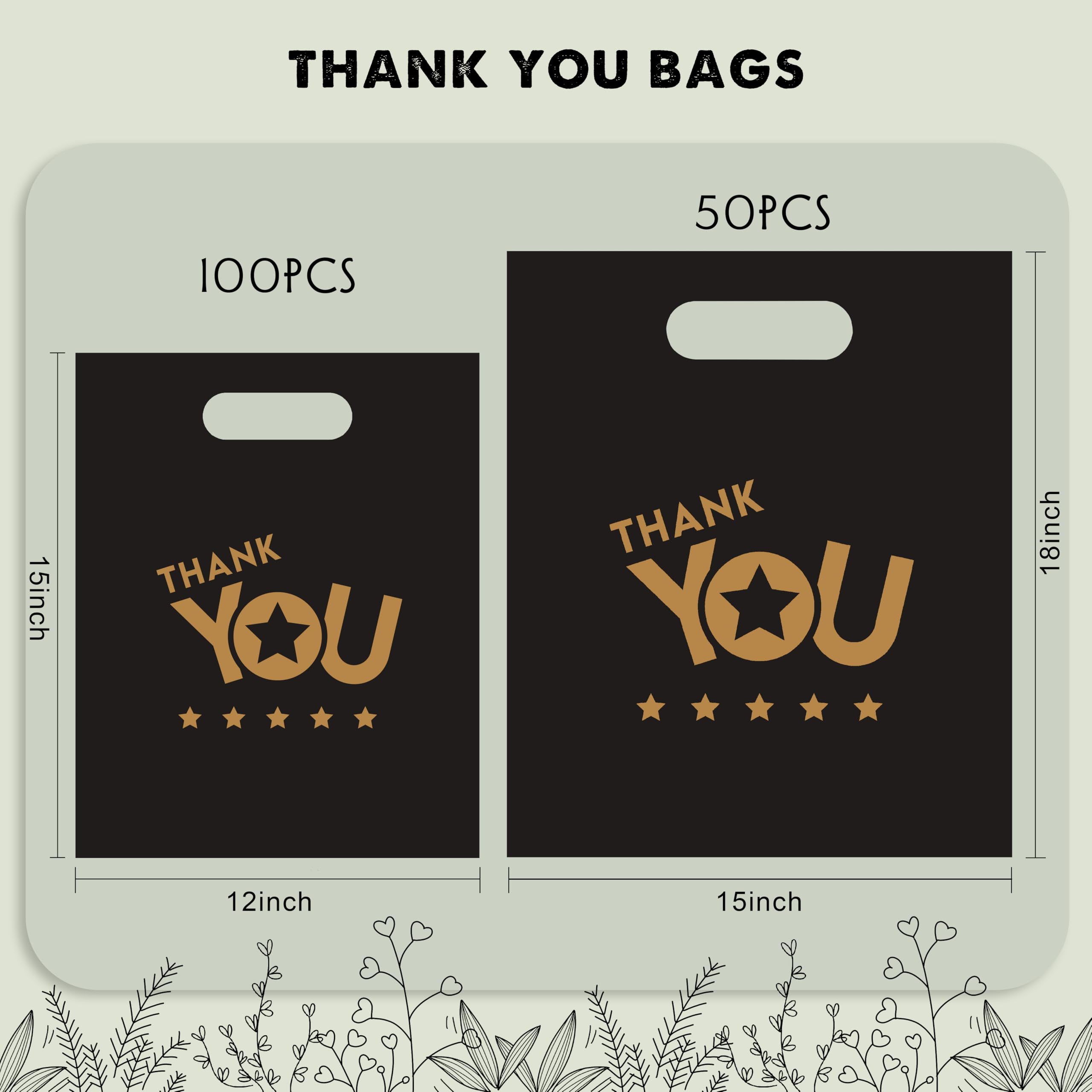 Vapulcio 50Pcs Thank You Bags Shopping Bags?2.36Mil 15x18In Retail Plastic Shopping Bags for Stores, Boutique, Party, Gift, Clothes, and More Reusable Plastic Thank You Bags (Black)