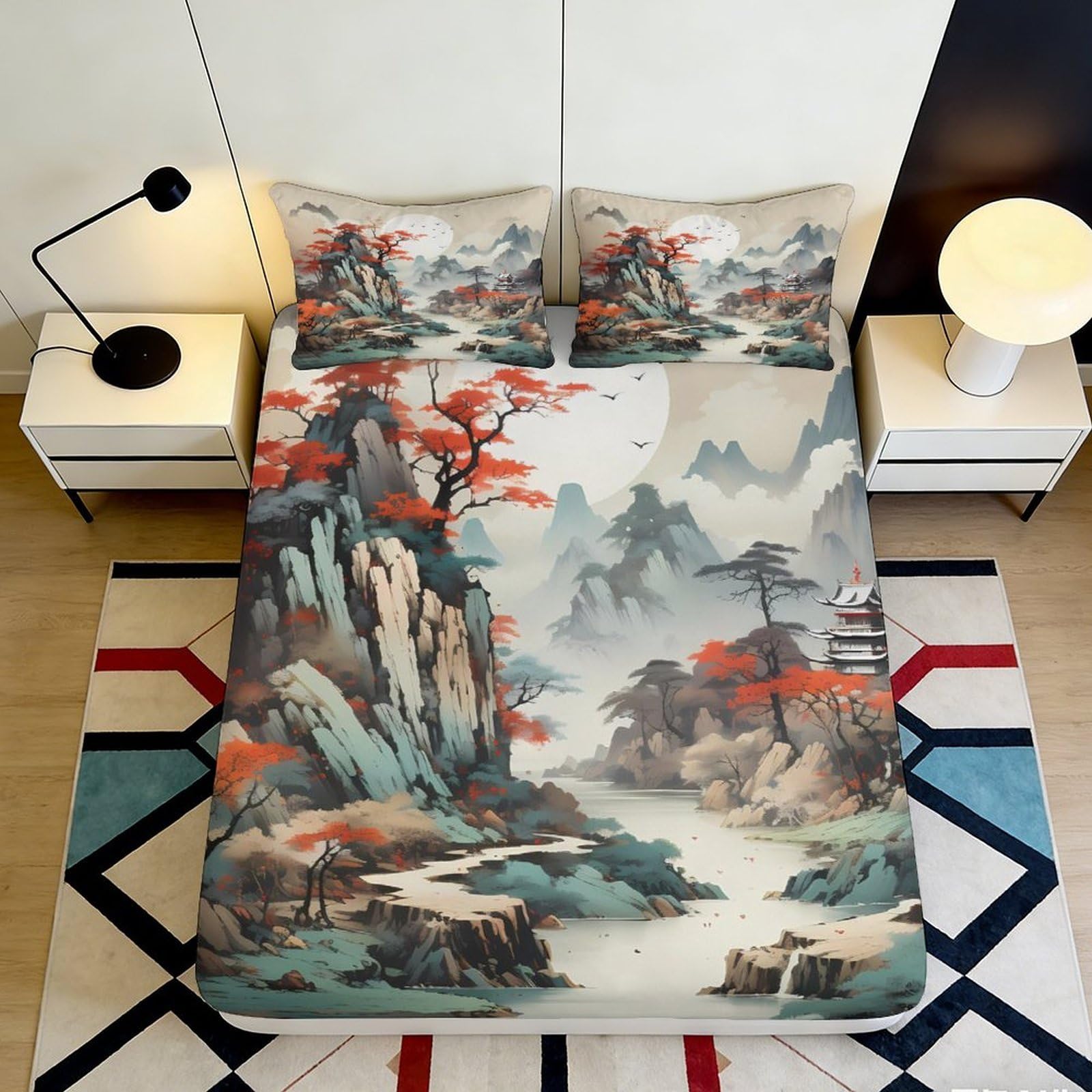 Dhbaneiok Style-5 3D Printed Chinese Landscape Fitted Sheet Microfiber Soft Artistic Mountain River Bed Cover For Bedroom Dorm Mattress Protection 90X200x25cm