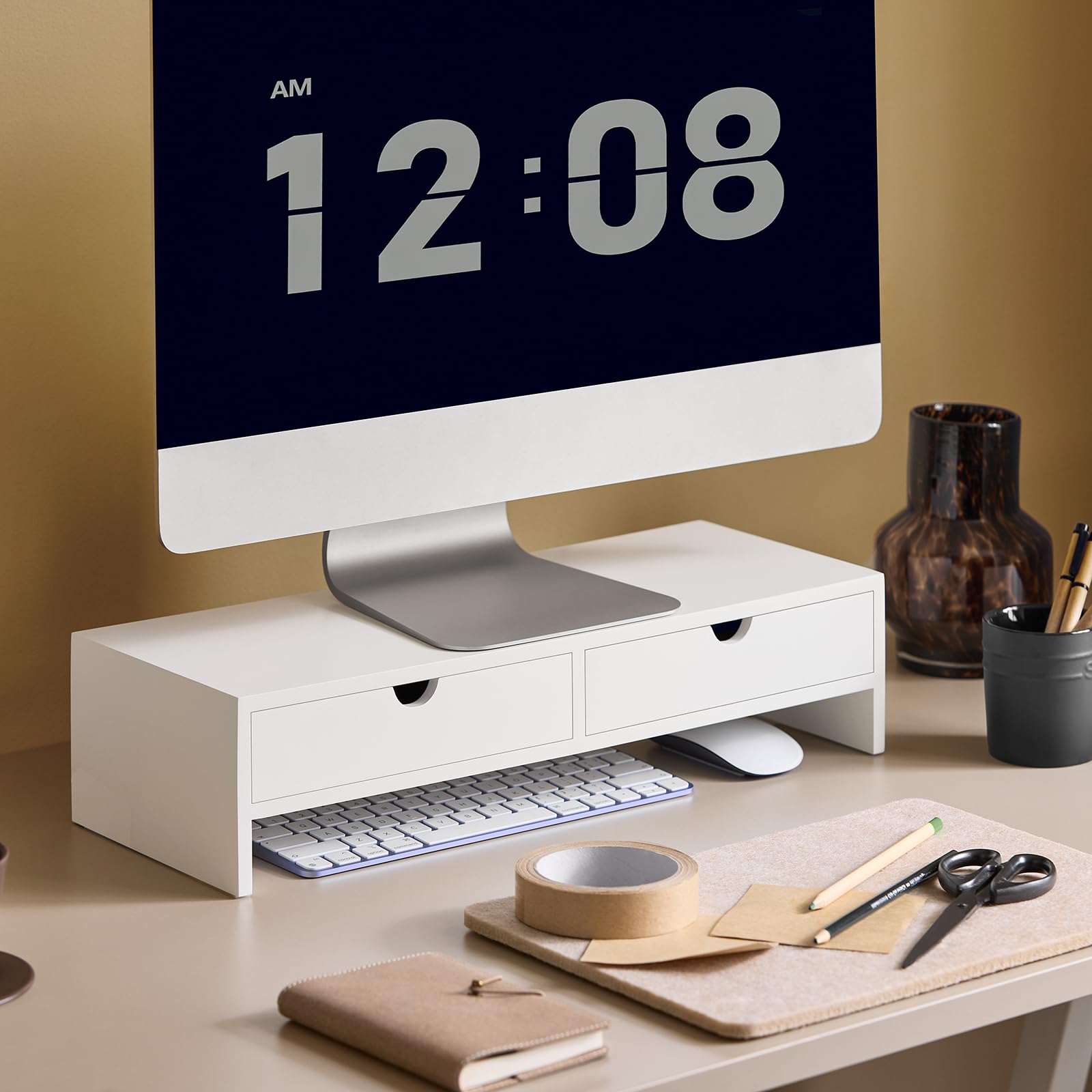 SoBuy Support Écran PC Rehausseur Bureau 2 Tiroirs Rangement Moniteur Universel Ordinateur Portable Blanc 47x18x11cm BBF02-W