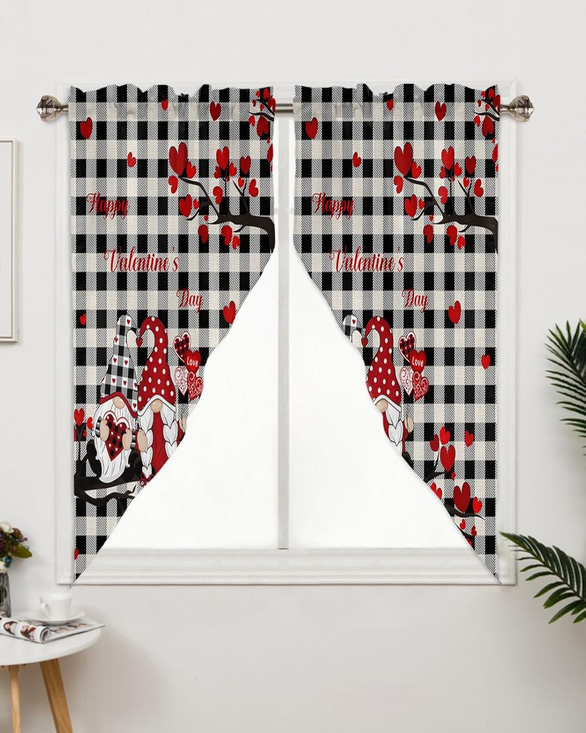 Swag Valance Curtains for Living Room, Valentine's Day Black and White Plaid Gnomes Love Tree Rod Pocket Small Window Topper Curtains Windows Curtain Tiers for Kitchen Bathroom Windows, 56" W x 36" L