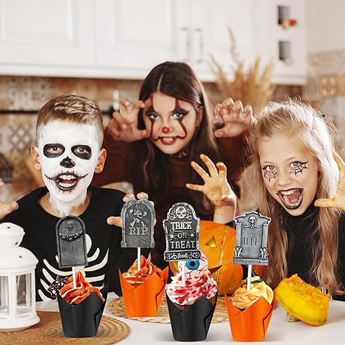 Miniatura 7 de 60 piezas de decoración de cupcakes de Halloween, lápida, cementerio, decoración de cupcakes, decoración de cupcakes de Halloween, palillos de mesa