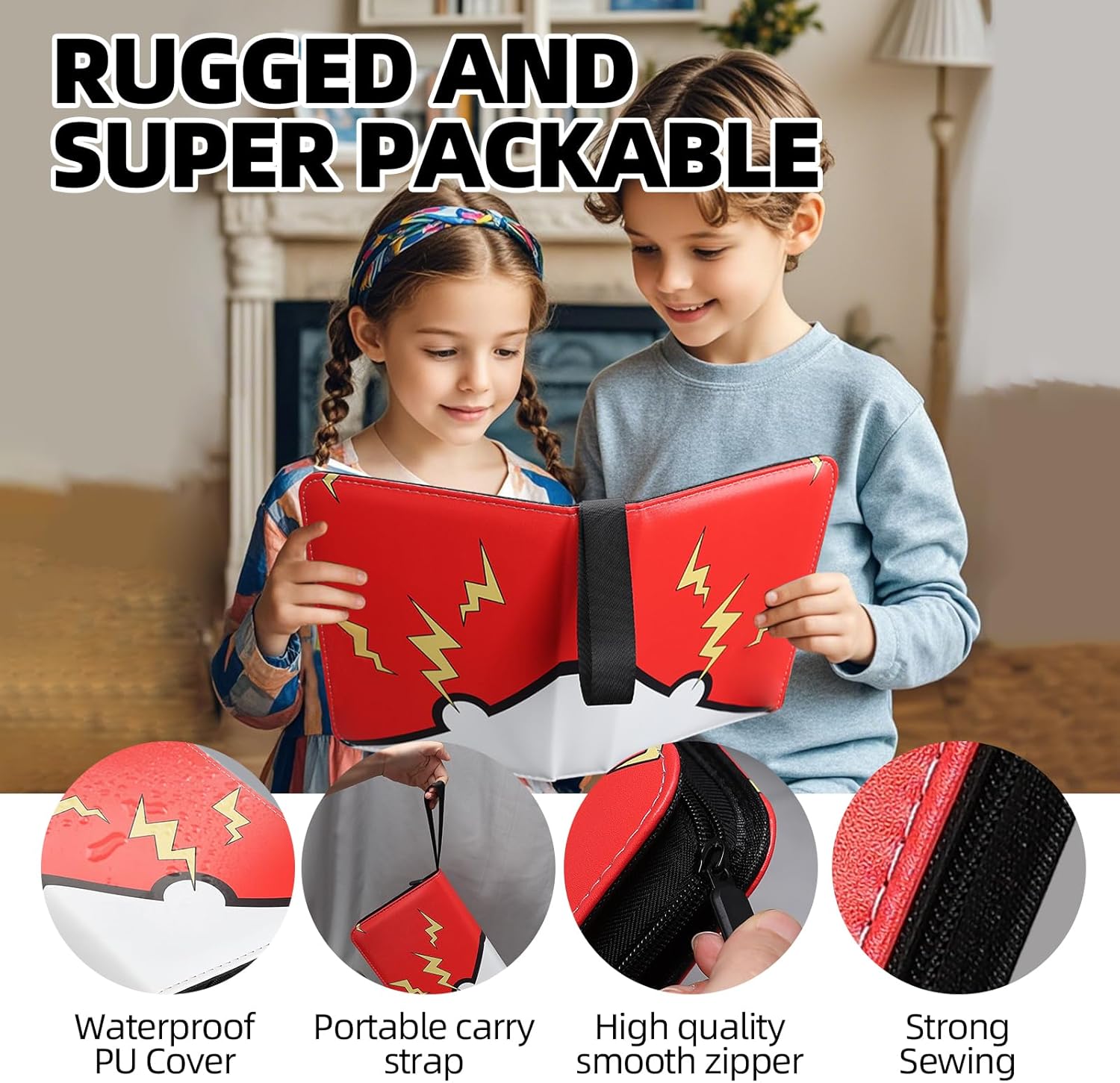 Collectible Trading Card Albums,4 Pocket Card Binder, 400 Double Sided Pocket PU Premium Zip Trading Collection Binderwith 50 Removable Sleeves, Card Folder forTCG, Sports Cards (Red & Yellow)