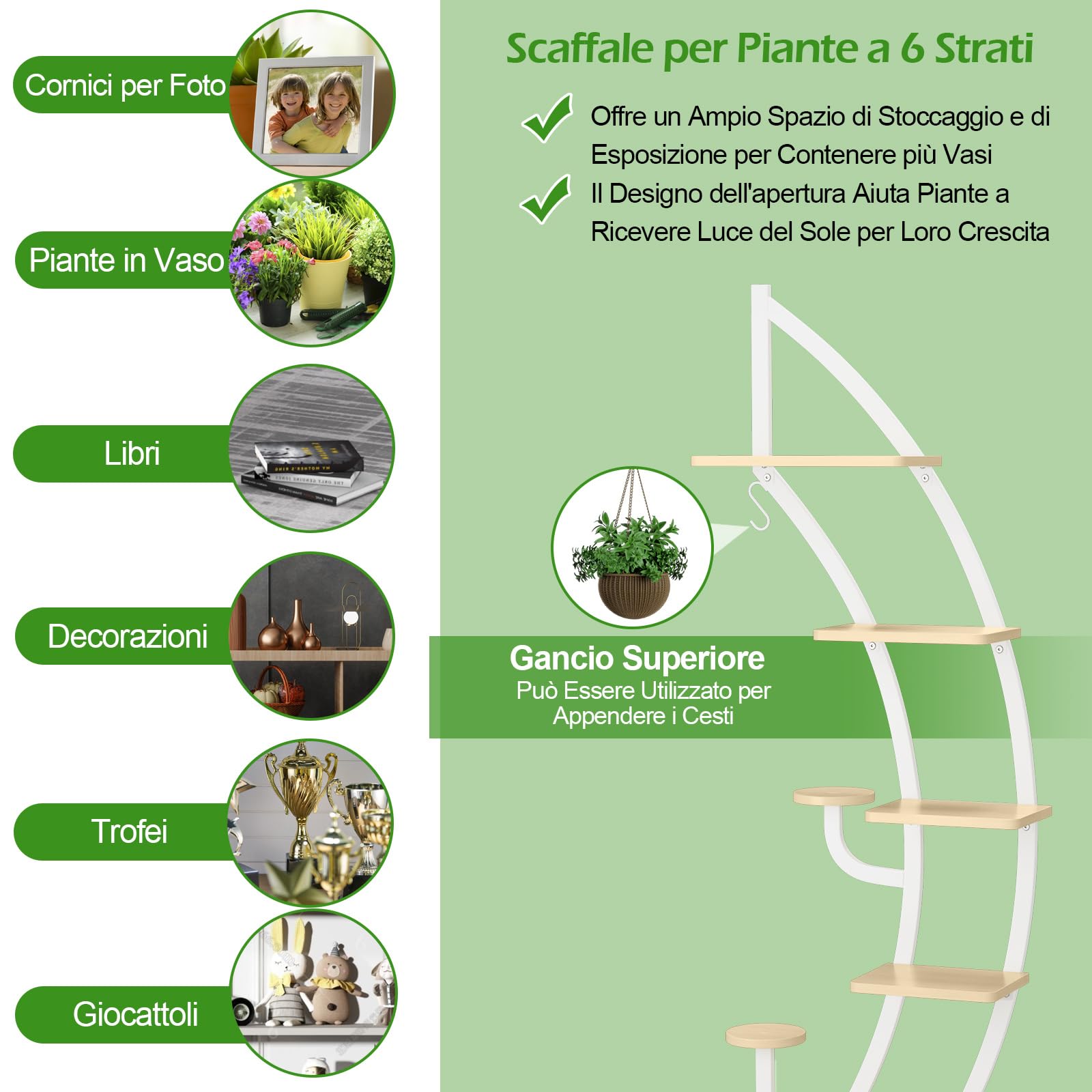 COSTWAY Scaffale per Piante a 7 Livelli, Scaffale a Forma di Mezza Luna con Gancio e Dispositivo Antiribaltamento, Porta Piante e Fiori per Interno e Soggiorno (1 PEZZO BIANCO)