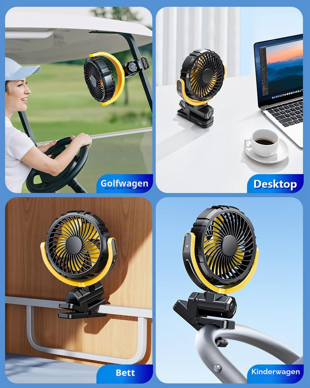 Akku-Ventilator für Auto-Sonnenschutz, Rücksitz & Dachgriffe, leiser tragbarer Clip-Autoventilator für SUV, Van, Wohnmobil, Pickup, Camping, Schreibtisch, Bett, Kinderwagen & Babybett - Gelb