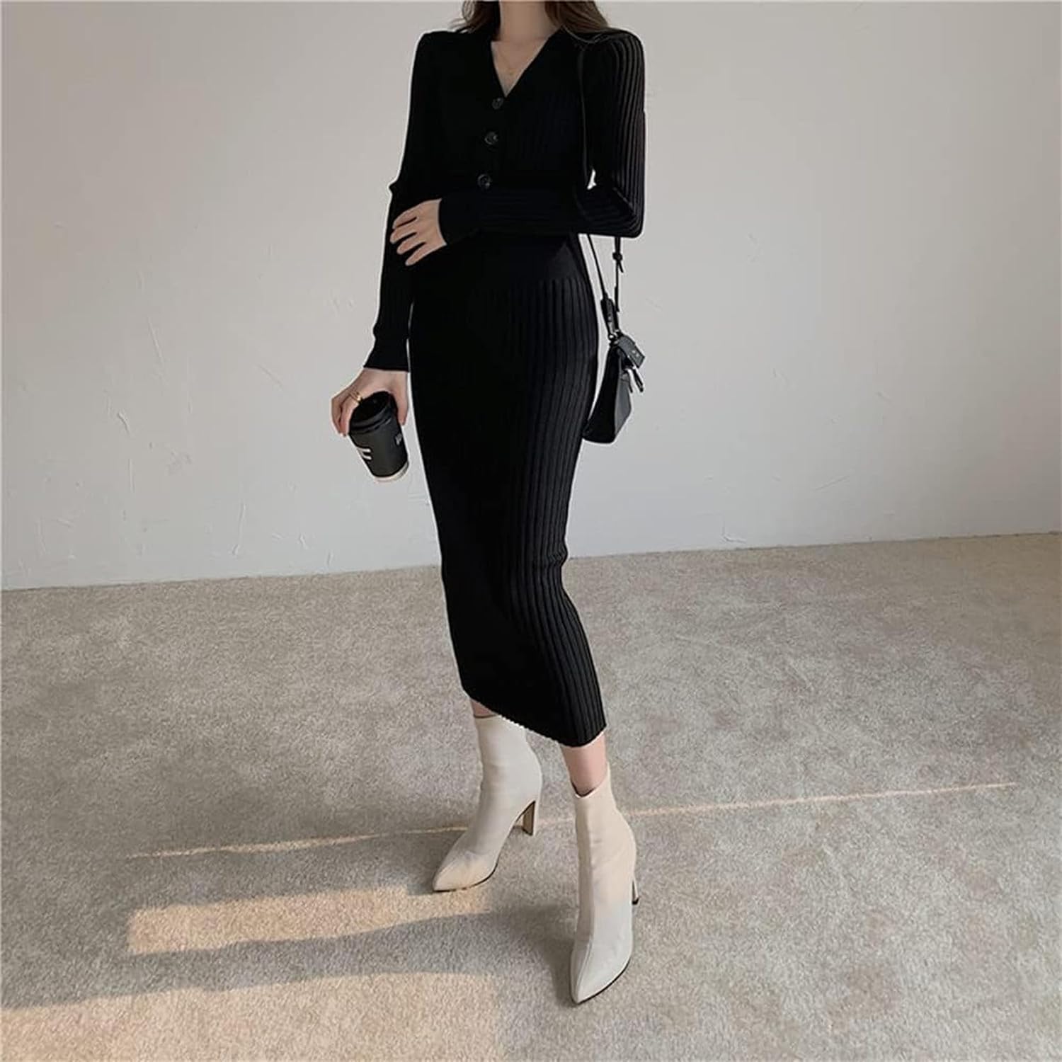 [Vic Gray] ニット ワンピース レディース 長袖 ストレッチ ロングセーター 無地 Vネックセーターワンピース レディース