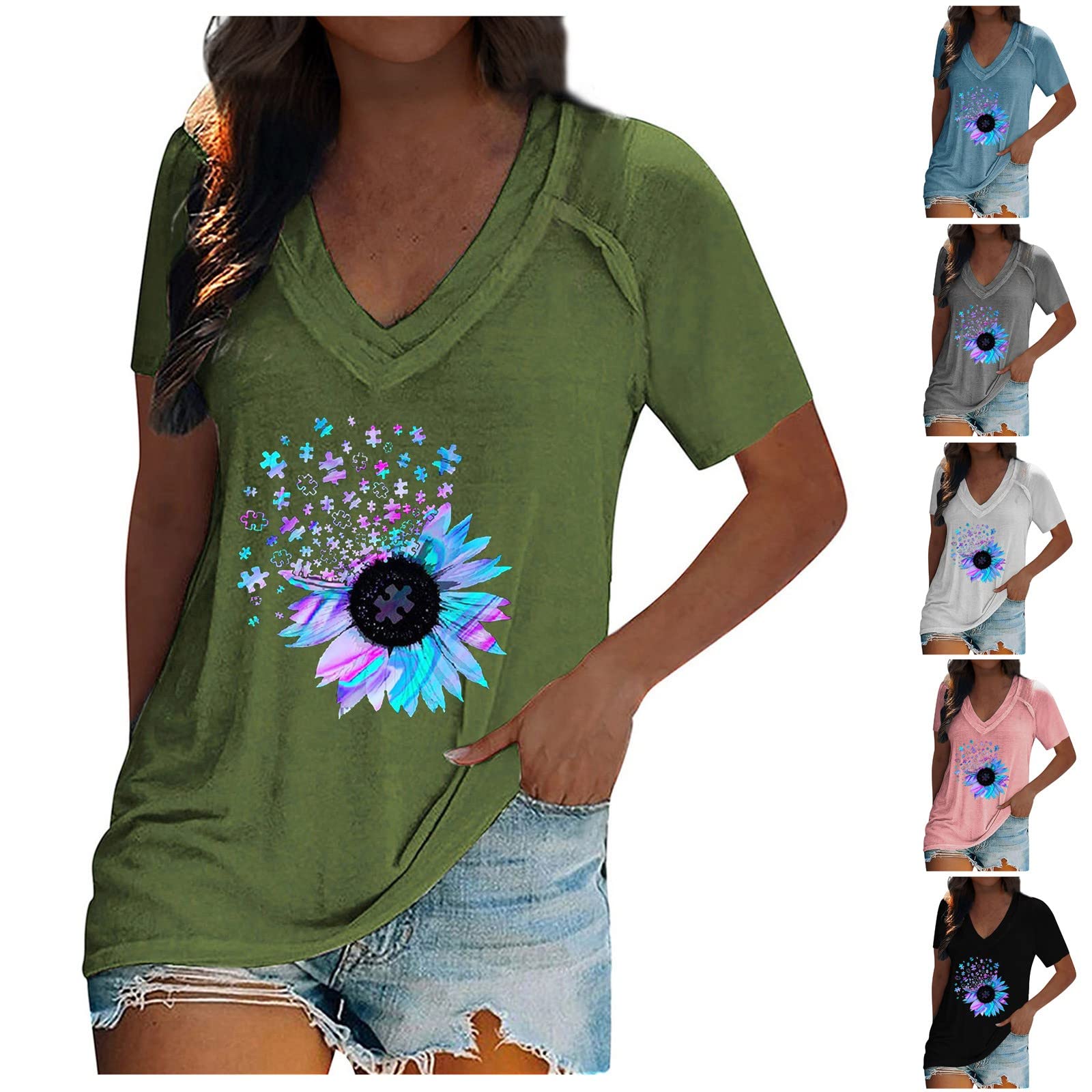 Women's T-shirt V-neck I Sunflower Print Pullover Casual Short-sleeved Top