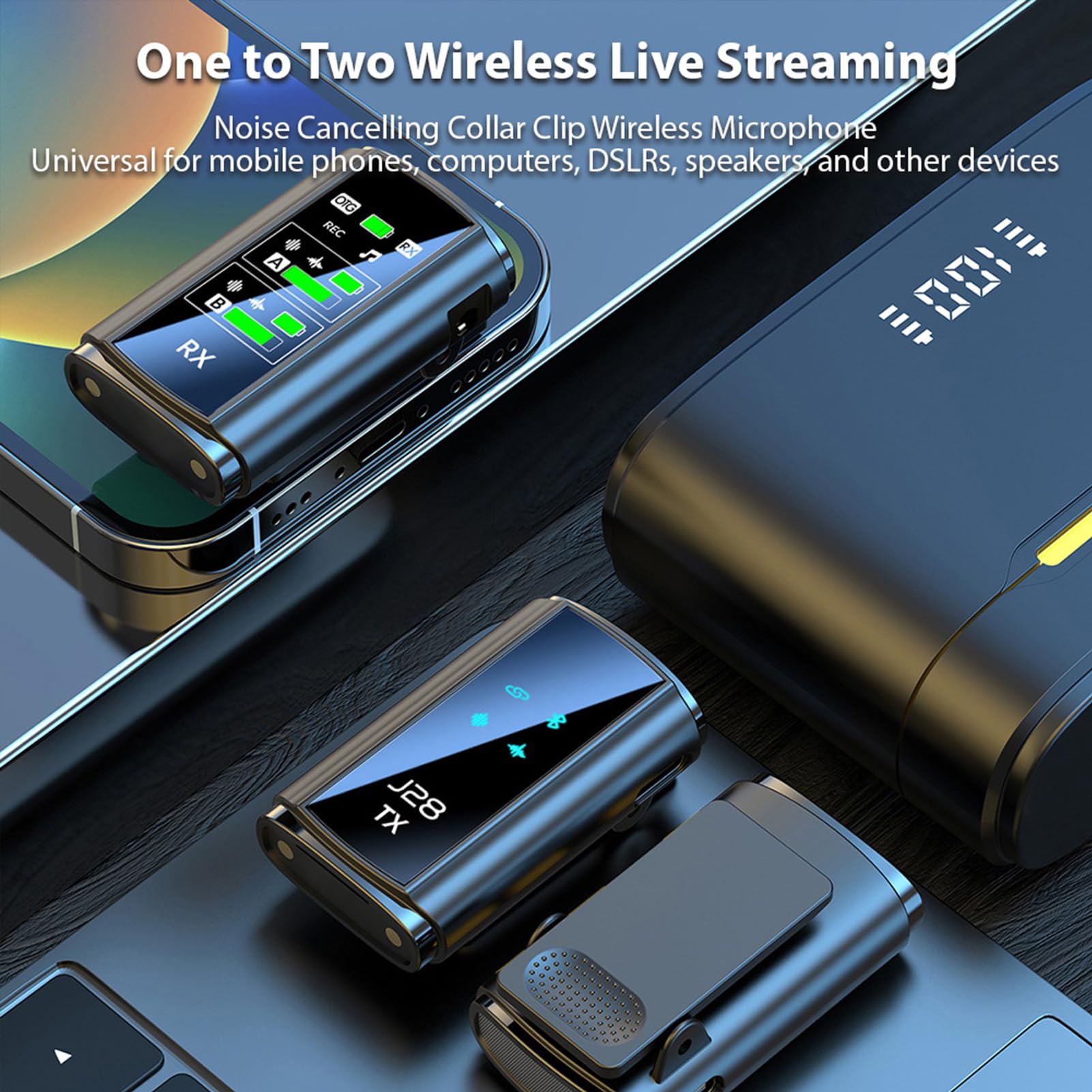 HUIOP Bezprzewodowy mikrofon z wyświetlaczem cyfrowym etui ładujące z redukcją szumów, podwójny mikrofon z klipsem, Plug and Play, 2,4 G chip dwurdzeniowy, mini mikrofon do telefonu