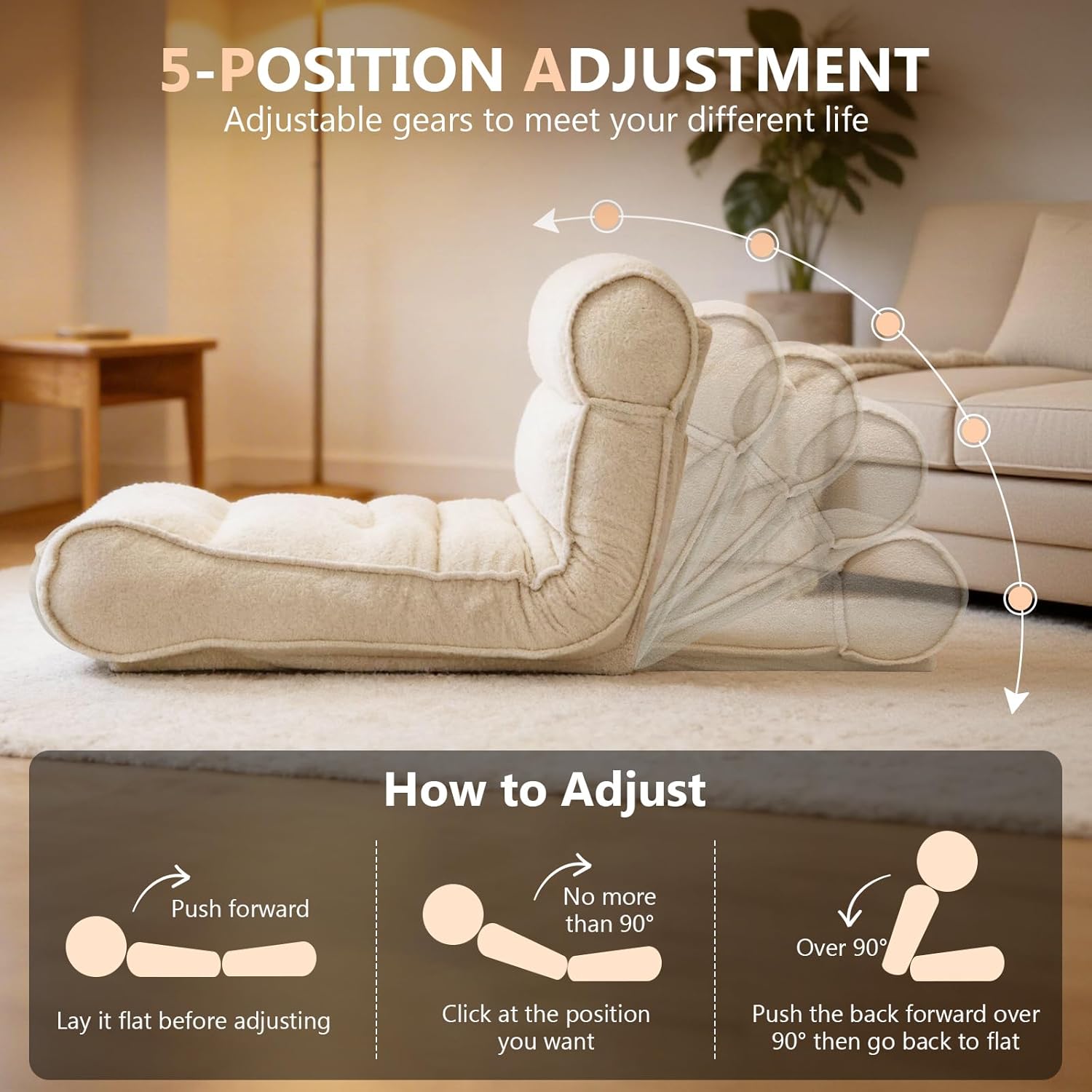 67'' Floor Chair with Back Support Meditation Chair Couch Recliner w Adjustable Backrest Lazy Floor Lounger Gaming Chair for Adults Sofa Bed Sleeper Chair Chaise Lounge Chair Indoor, Light Beige