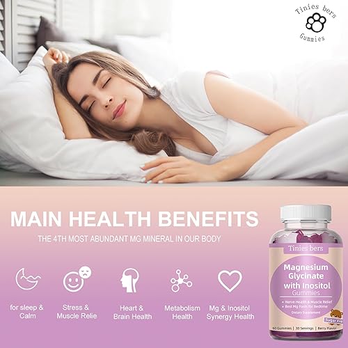 Miniatura 3 de Gomitas de glicinato de magnesio 400 mg, con inositol 500 mg para mujeres, mineral y VIT B8 para dormir, alivio del estrés y muscular, salud