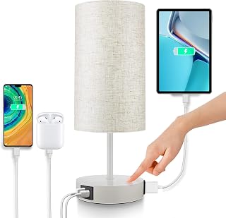 Touch Dimmbar Nachttischlampe mit USB Ladefunktion, Kleine Tischleuchte Weiß mit Schirm, Modern Tischlampe E27 für Geschenk Schlafzimmer, inkl. 6W Warmweiß LED-Birne