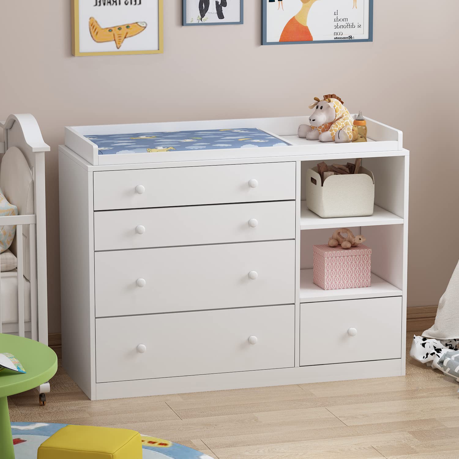 Cómoda blanca para dormitorio infantil AIEGLE con 5 cajones y estantes de almacenamiento, cómoda de madera, organizador para habitación infantil, 47,6 de ancho x 19,7 de profundidad x 36,1 de alto