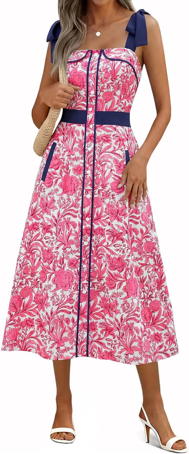 Wenrine Womens Summer Floral Midi Dress Casual Tie Strap Sleeveless Smocked Button Boho Flowy Beach Sundress with Pocket