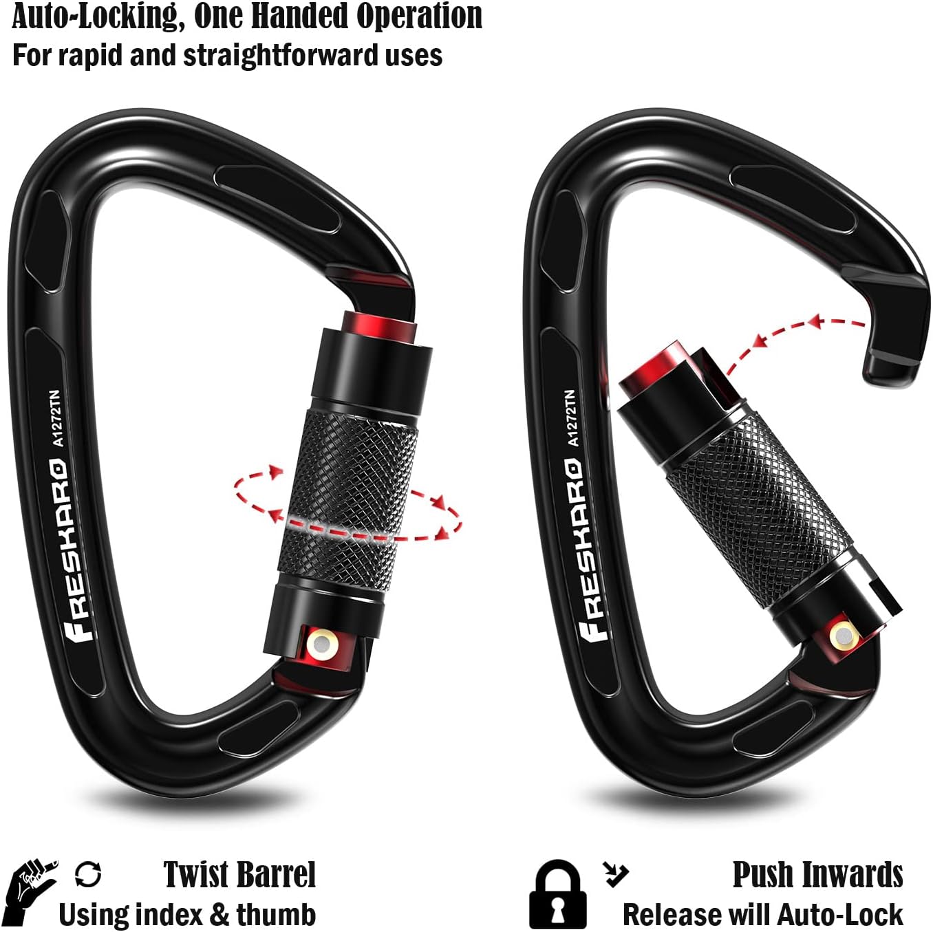 FresKaro 25kN UIAA Certified Climbing Carabiner Clips, 4inches Auto Locking, Heavy Duty Carabiners for Rock Climbing, Mountaineering with Knots Flashcards Guide, 2pack, Black : Sports & Outdoors