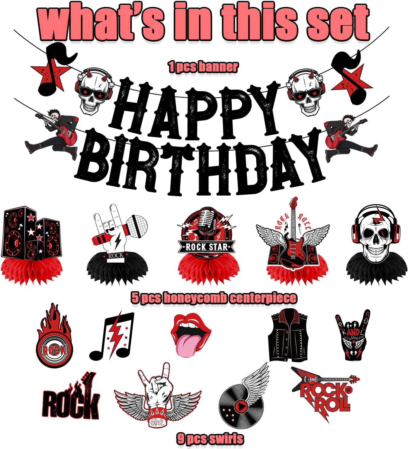 LARRAZABAL Rock and Roll Birthday Party Decorations Music Themed Party Decorations Include Happy Birthday Banner Hanging Swirls and Honeycomb Centerpiece Rock and Roll Baby Shower Supplies - Image 6