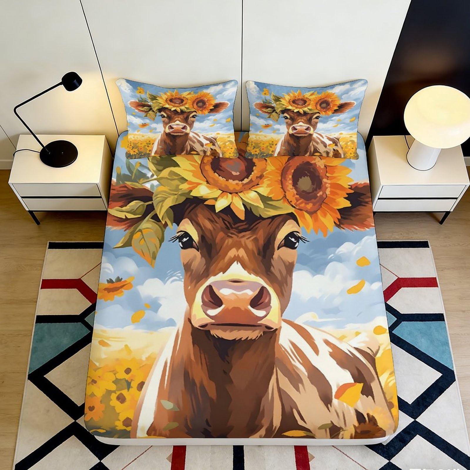 3D Printed sunflower cow fitted sheet, microfiber soft touch, wrinkle resistant, guest room bedding, mattress cover for home decor 90x200x25cm