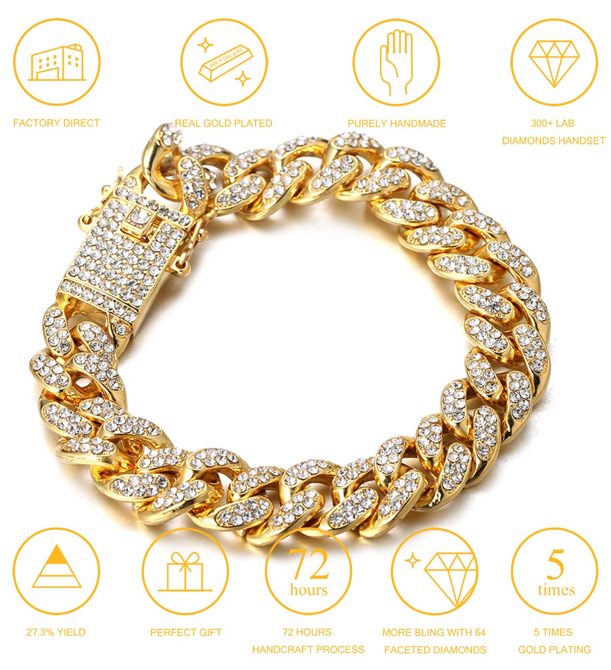 Halukakah Diamant Chaîne Cubaine pour Enfant,14MM Garçons Or Véritable 18 Carat/Platine Or Blanc Plaqué Collier Bracelet Diamants de Laboratoire Ensemble de Griffes 8-16 ans. avec Boîte-Cadeau Gratuit