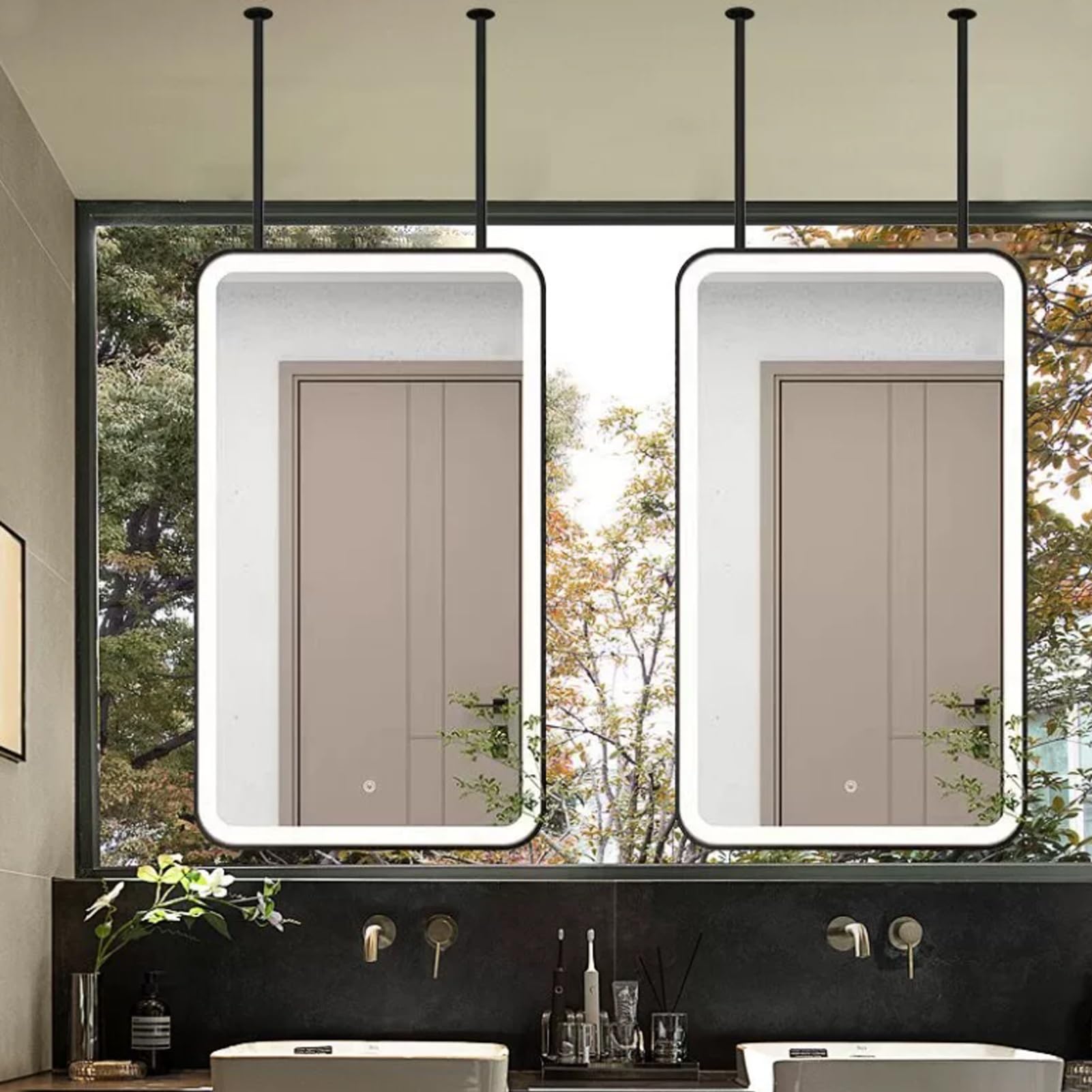 FGXHHS Modern Ceiling Mounted Mirrors｜LED Illuminated with 3 Colors Dimmable｜Rectangle Vanity Shaving Makeup Mirrors Metal Hanging Rod Lighted Mirrors｜Black(40cmx70cm)
