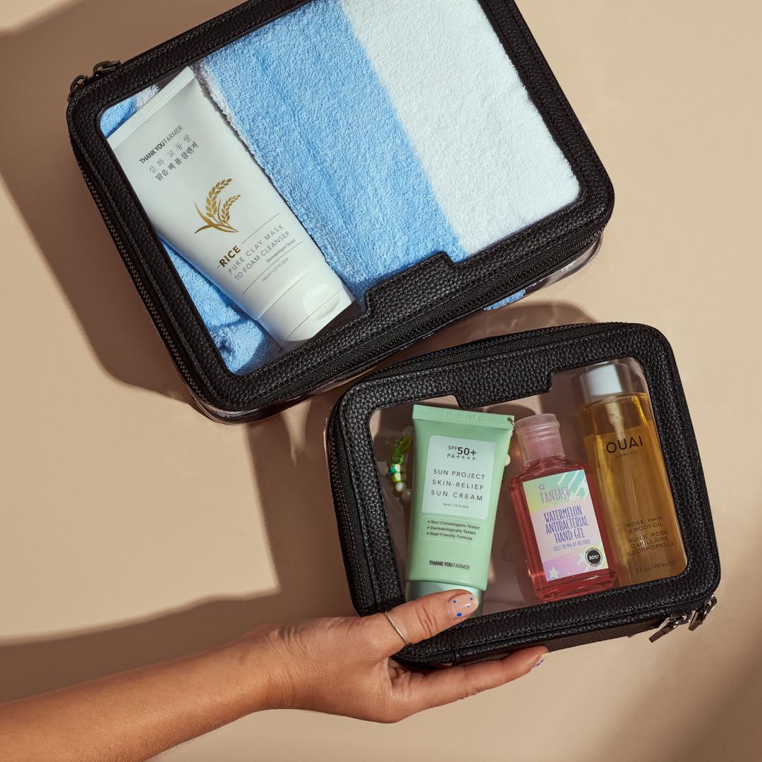 Duo, wasserdichtes Kulturbeutel, Reise-Set, transparenter PVC-Reißverschluss, Kosmetik-Organizer und Make-up-Tasche, 2 Stück, groß und klein, veganes Leder, schwarze Taschen für Damen und Herren