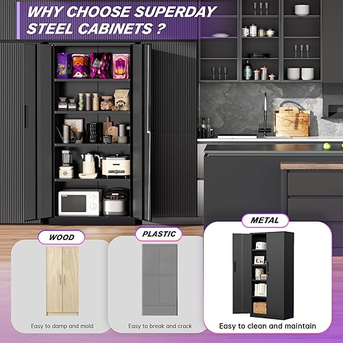 Miniatura 7 de Superday Armario de almacenamiento con cerradura, armarios de almacenamiento de garaje de 71 pulgadas con cerradura, gabinete de metal negro con 2