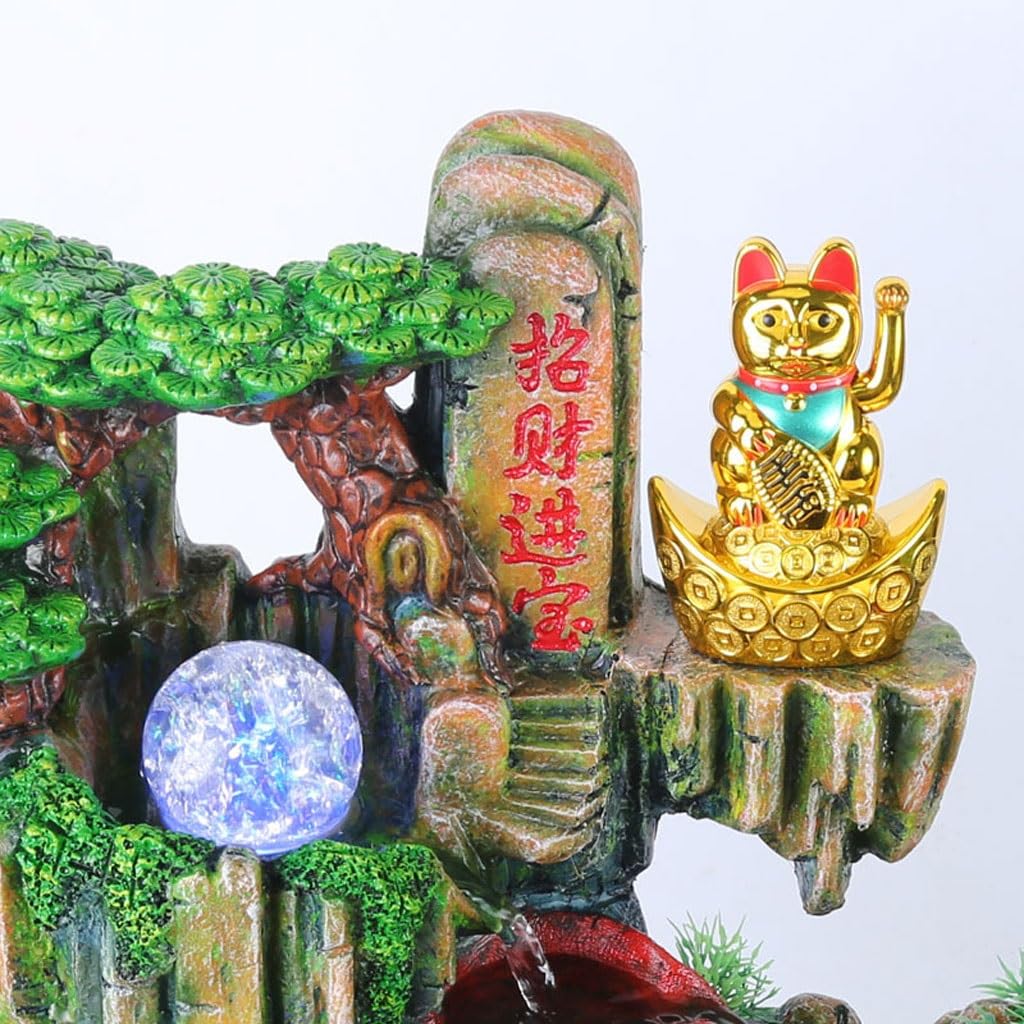 Fuente decorativa de jardín, fuente de agua con cascada, de resina, diseño de gato de la suerte, con iluminación LED, función humidificadora, Feng Shui Zen, decoración para salón, dormitorio, oficina