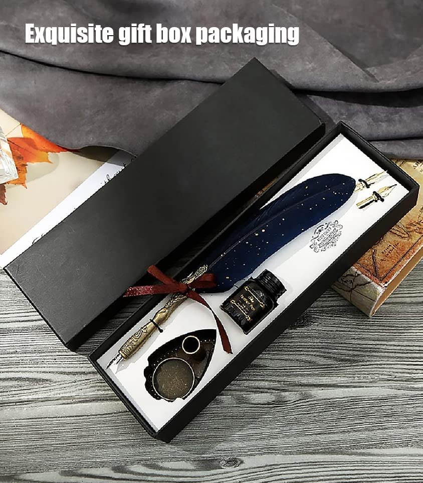 WOLBLIX Feather Pen and Ink Set, Mechanic Style Quill Calligraphy Pen with Ink, 2 Replacement Nibs and Pen Holder, Vintage Signature Fountain Pen Dip Pen Gift Set (Blue) 3