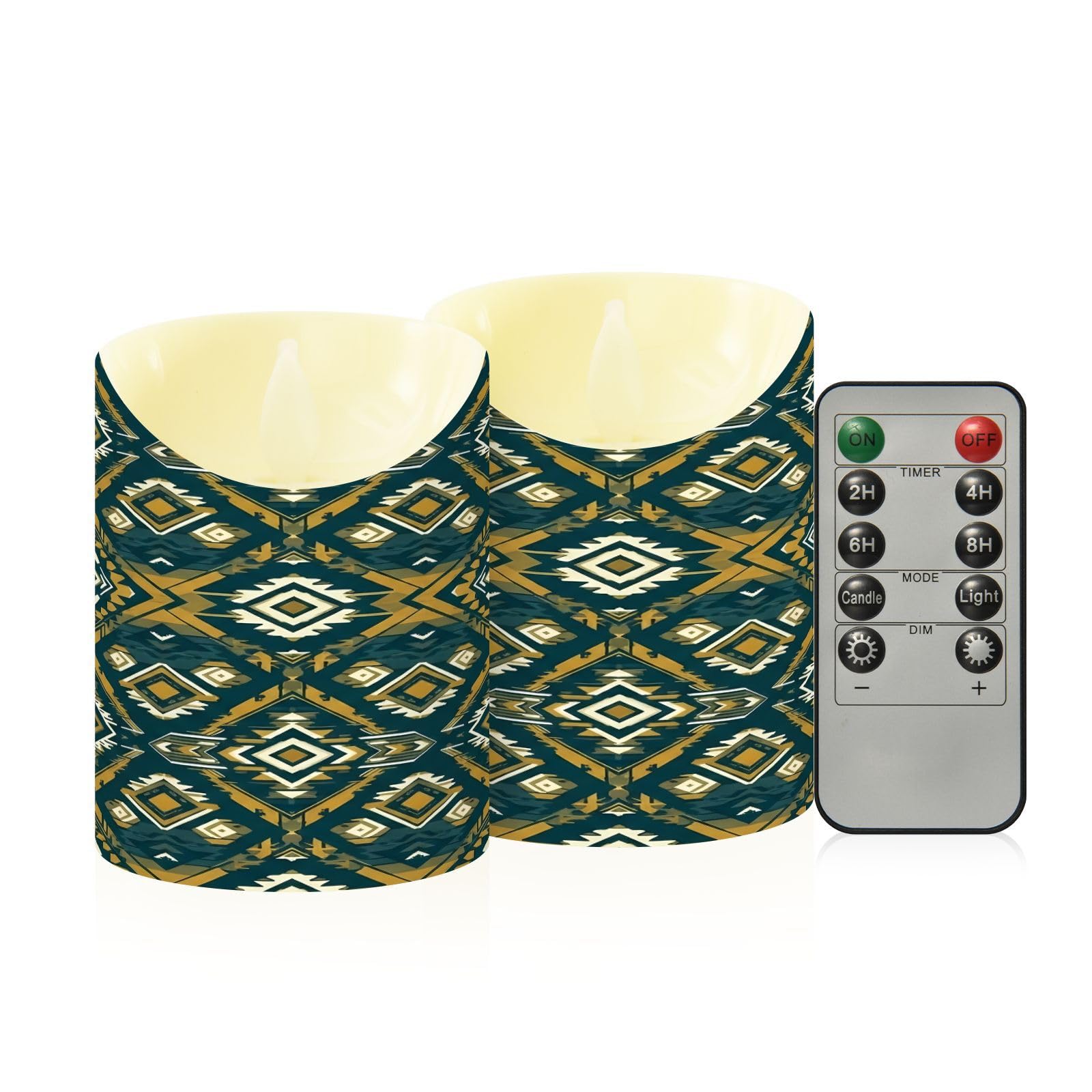 Cgiub Aztec Flameless Candles with Timer 2pcs Battery Operated Flickering Flameless LED Pillar Candles for Holiday Home Wedding Fireplace Decor
