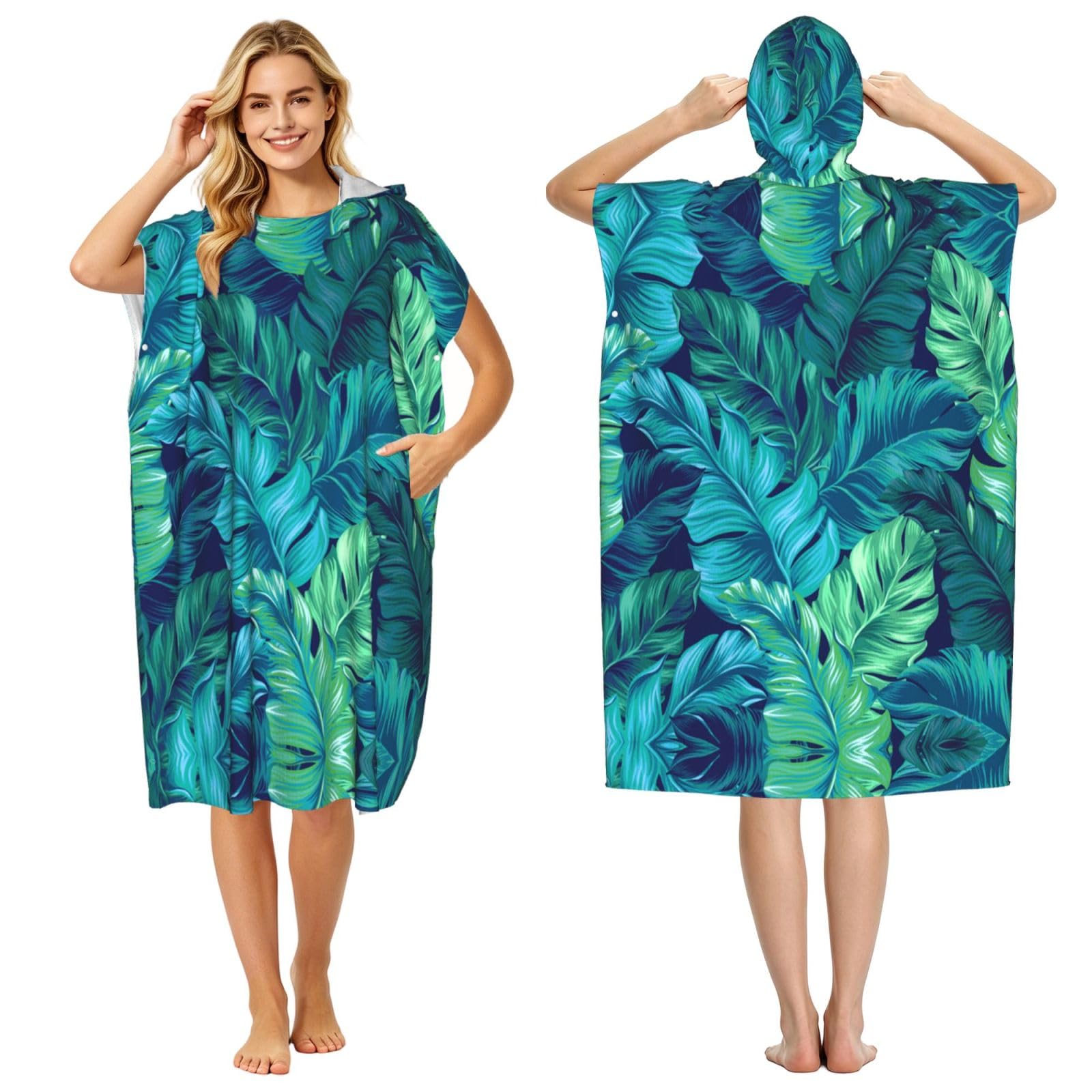 EZDLOWVBA Tropical Palm Leaves Print Hooded Poncho Microfiber Beach Towel,Adult Women & Men Changing Robe,Lightweight Summer Surf Swim Bath Poncho Towel