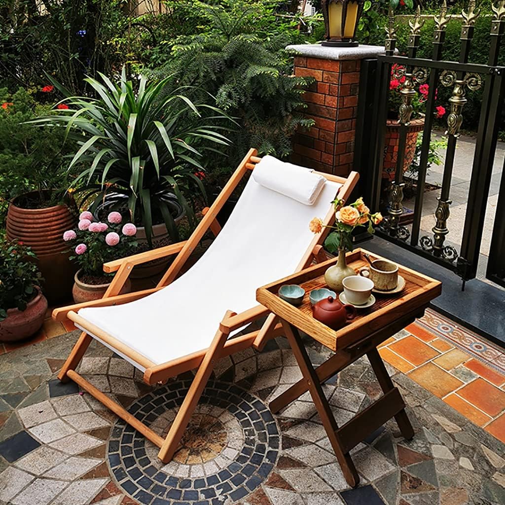 Wood Sling Chair Portable Beach Chair,Foldable Chair Adjustable Heigh Outdoor Reclining,Portable Beach Lounge Chair,Handcrafted Foldable Bamboo Outdoor Sling Chair with Canvas