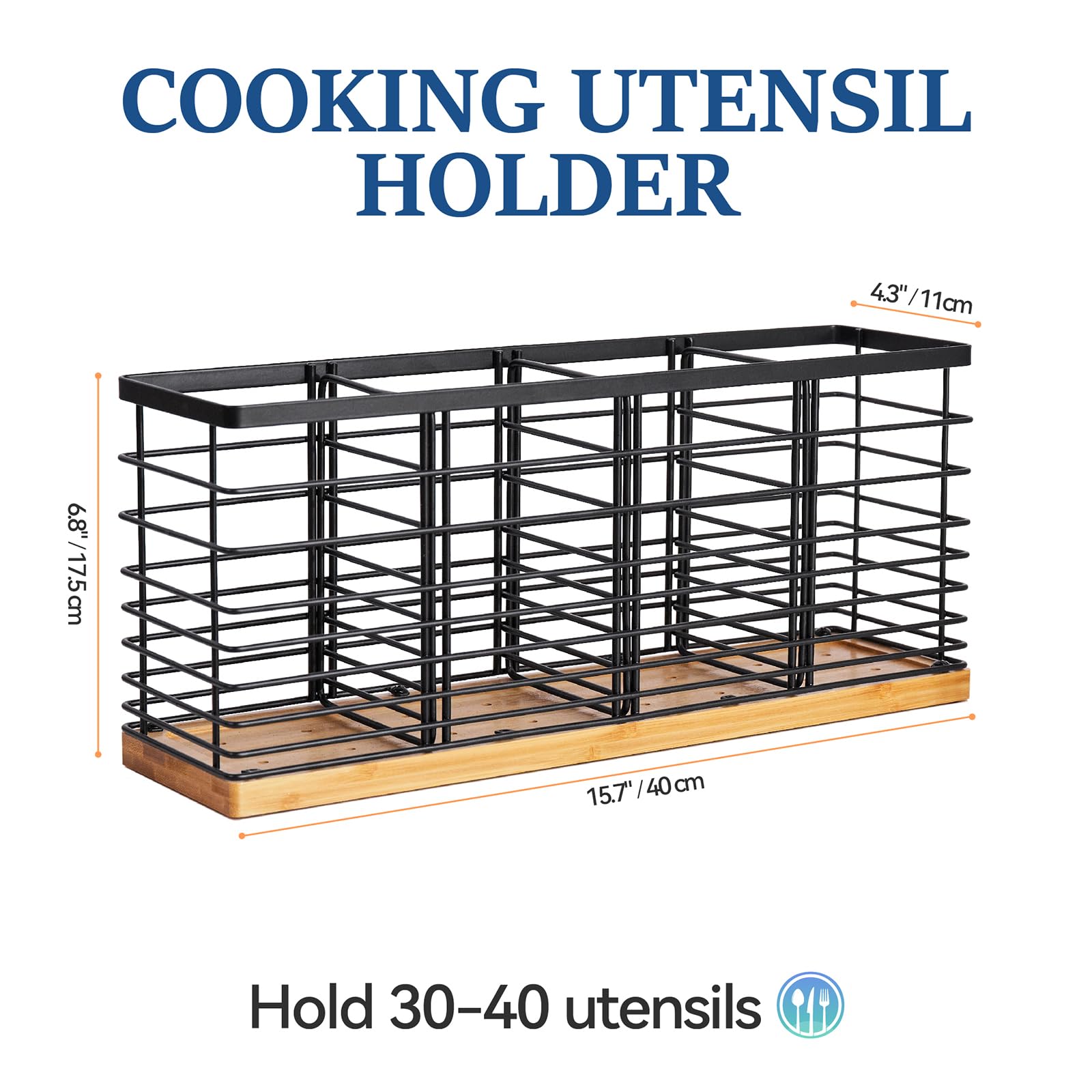 Large Utensil holder for Kitchen Counter- 15.7" x 4.2" x 6.9" Utensils Holder For Farmhouse Cooking, Utensil Caddy Spatula Holder (4 Compartments)