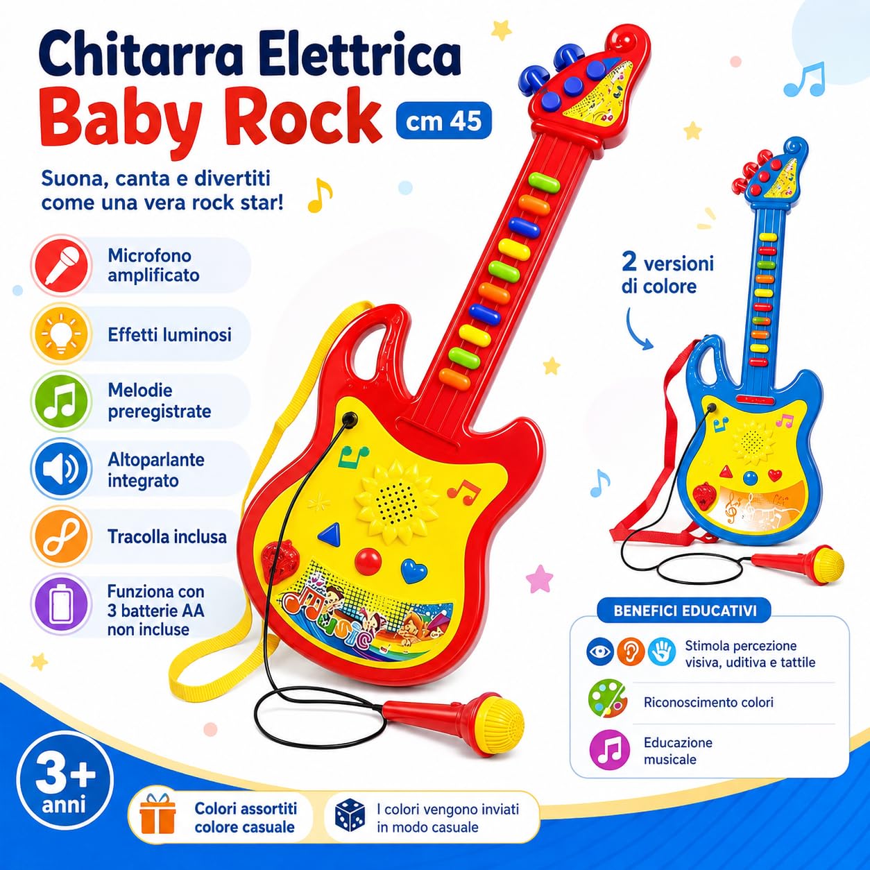 Guitarra eléctrica juguete niños con micrófono amplificado efectos luminosos correa melodías pregrabadas guitarra rock electrónica cm 45 guitarras juguete niños guitarras con sonidos Rock (A)