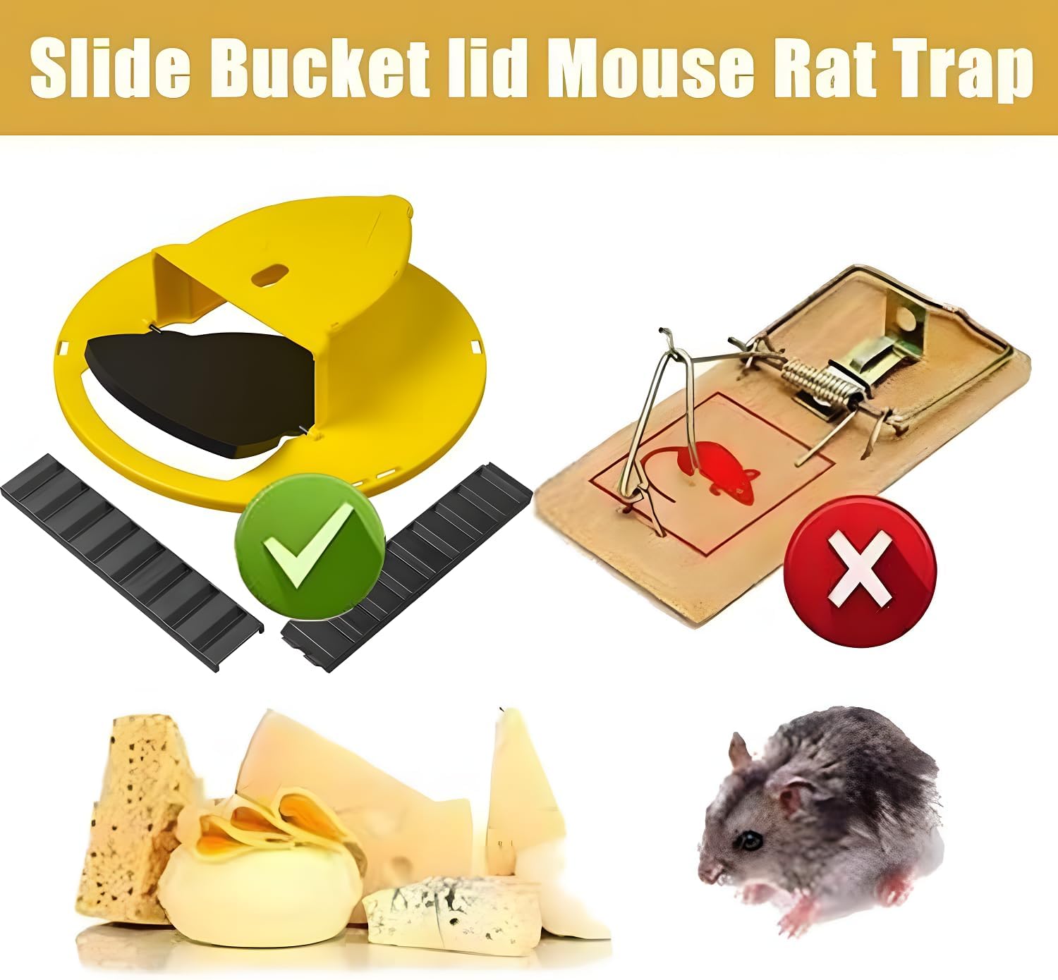 Trappole per Topi Vivi con Coperchio Giallo, Compatibile con Secchio da 5 Gallon, Pieghevole con Inclinazione e Reset Automatico
