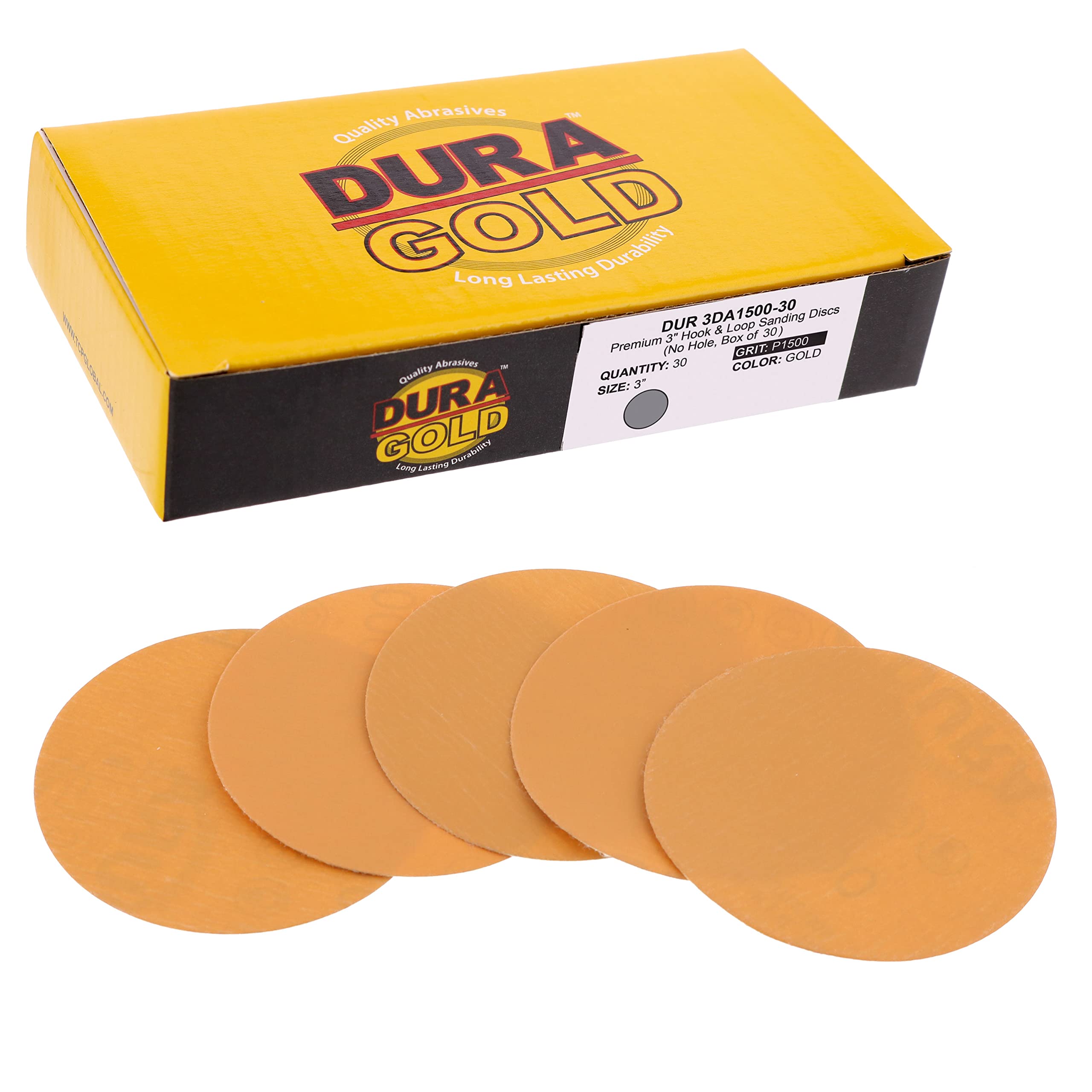 Dura-Gold Premium 3" Gold Hook & Loop Sanding Discs - 1500 Grit (Box of 30) - High-Performance Medium Cut Abrasive Sandpaper Discs - for DA Sanders