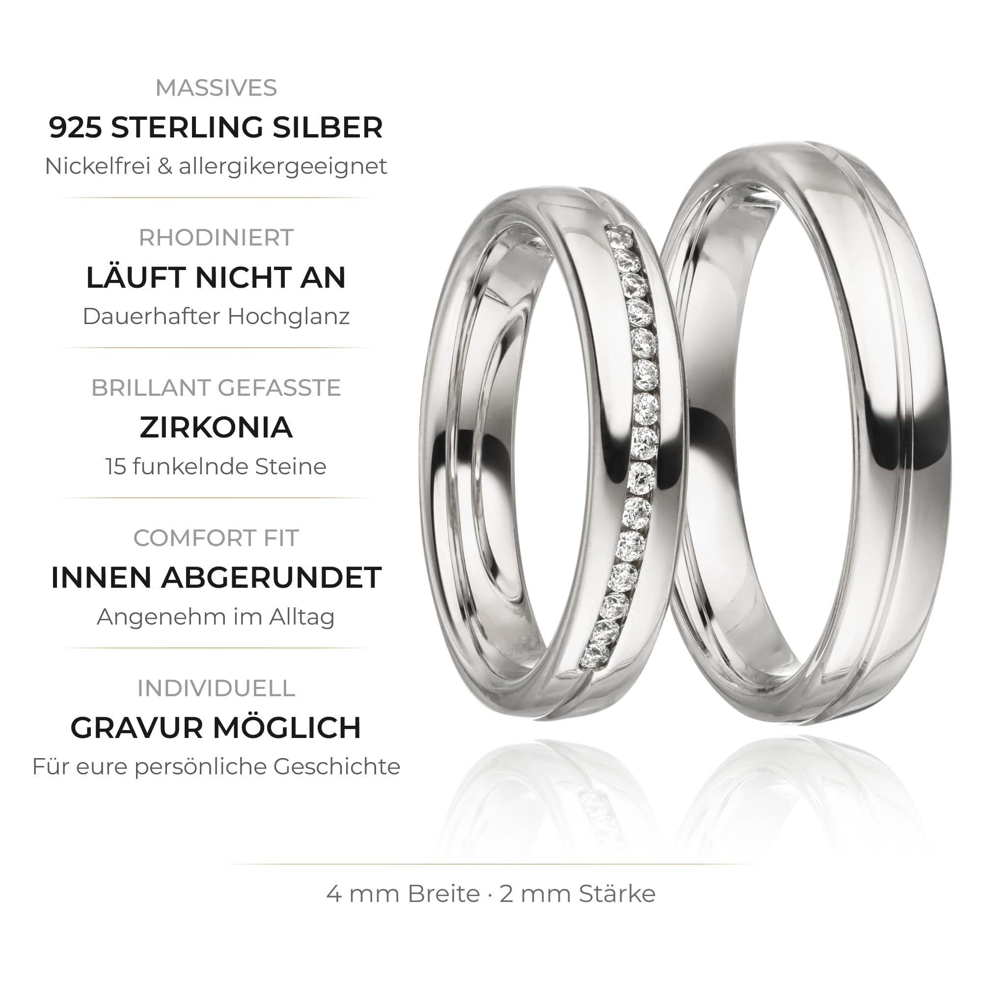 Kolibri Rings Eheringe Verlobungsringe Silber 925 15 Zirkonia Steine Set - Gratis Gravur und Etui