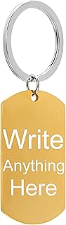Gold Dog Tag Custom Engraved Keychain. 2 Sides of FREE engraving. Make a Customizable, Engravable, Flat Metal Personal Key Chain Ring. Gift for Women, Men, boyfriend, dog, couples, husband, son