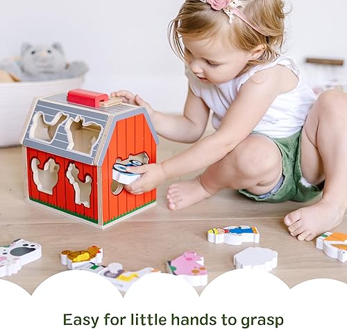 Miniatura 6 de Melissa & Doug - Juguete de madera para llevar con techo abatible y asa, 10 piezas de granja, clasificación de formas y apilamiento, juguetes