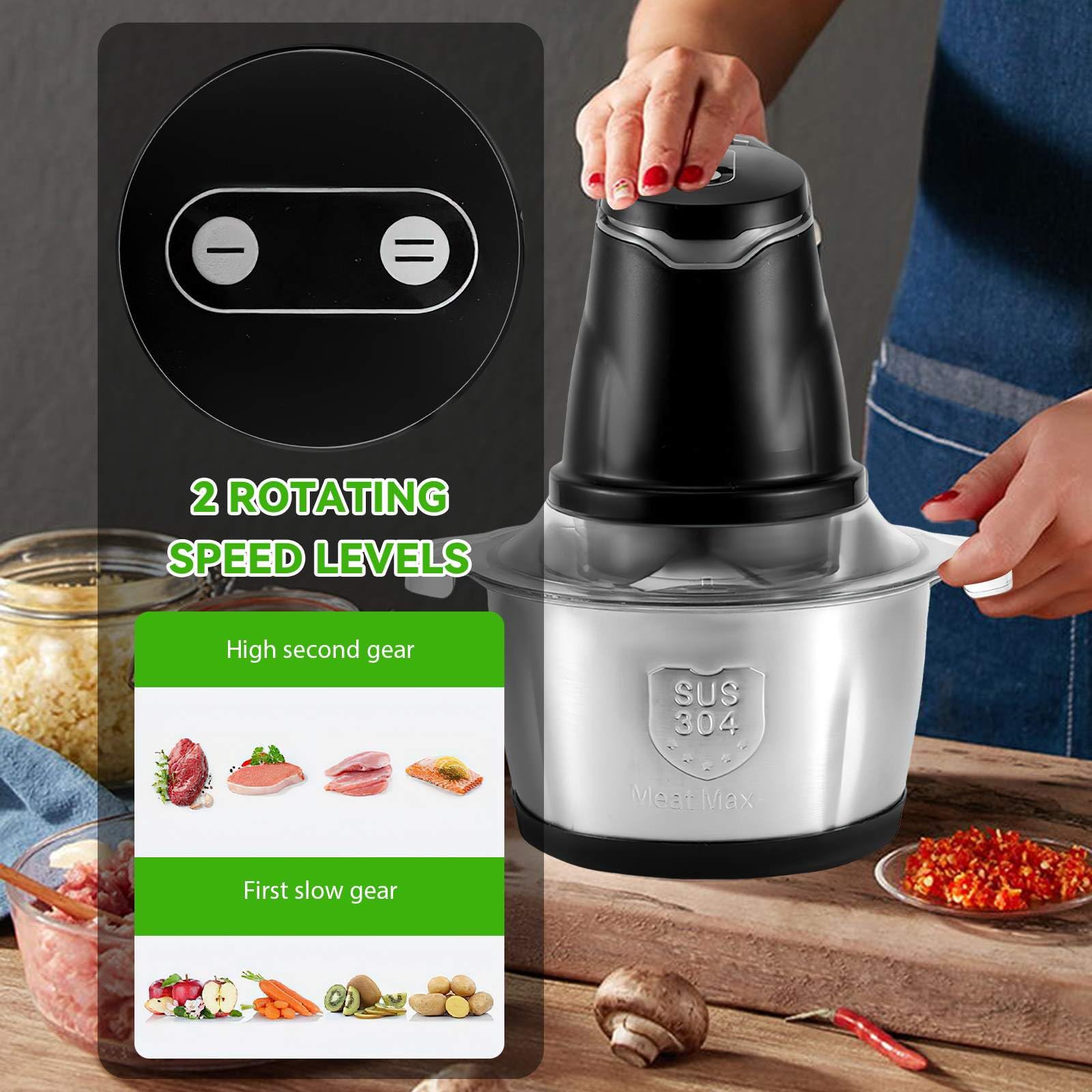 Tritatutto Elettrico 2L Tritacarne 400W Con 4 Lame Rimovibili, 2 Livelli Di Velocità, Per Carne Verdura E Frutta Cipolla Aglio Alimenti Bambino