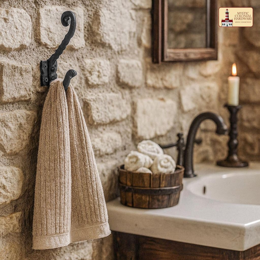 Mystic Colonial Rustic Cast Iron Wall Hooks, Heavy Duty Blackened Vintage Utility Hangers for Coats, Towels, Hats & Bags � Pack of 2, Size 14.4?cm x 14?cm, Mounting Hardware Included