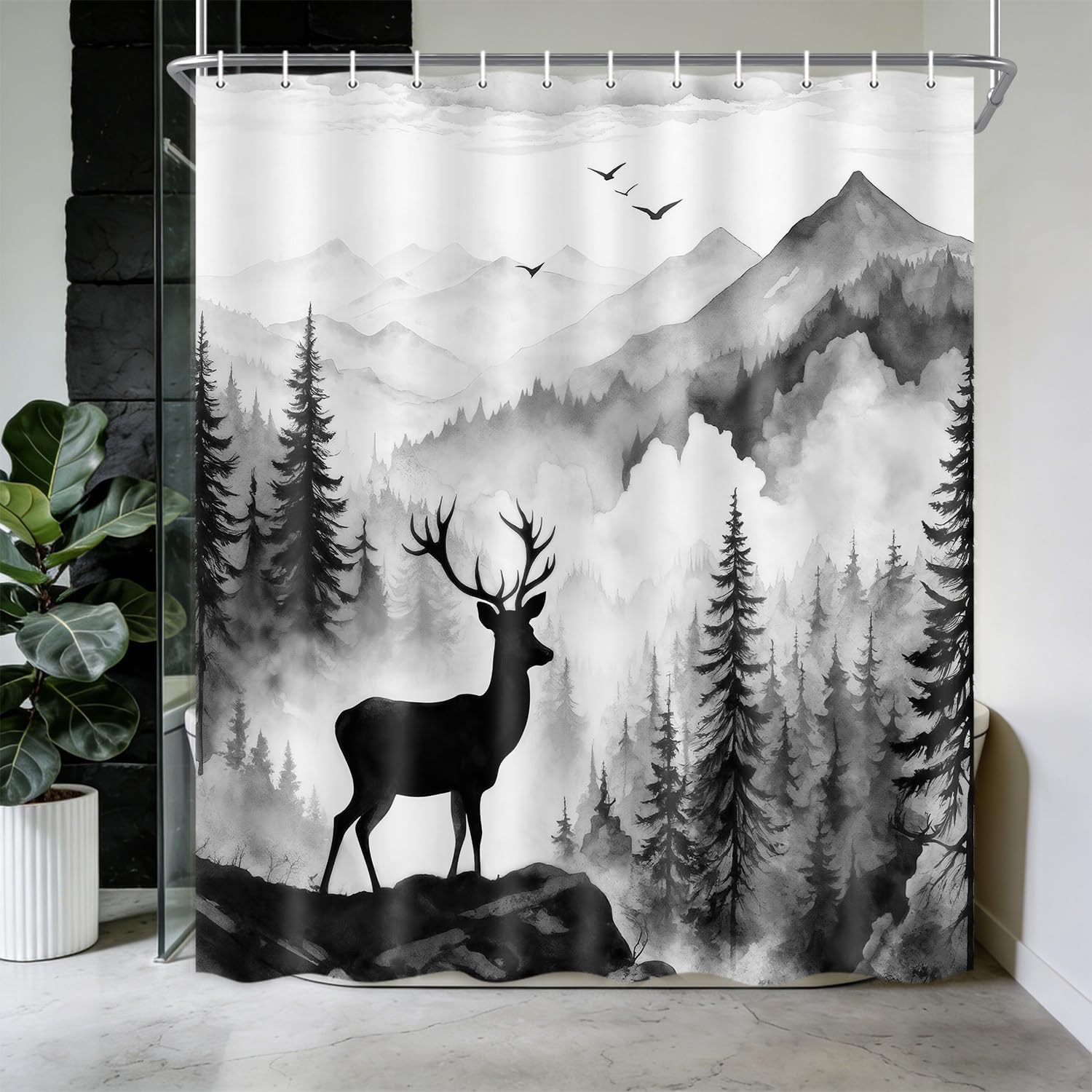 Black and White Misty Forest Deer Shower Curtain, Nature Mountain Landscape Modern Bathroom Decor, Waterproof Fabric Woodland Animal Shower Curtain Set Rustic Cabin Style with Hooks, 72x75