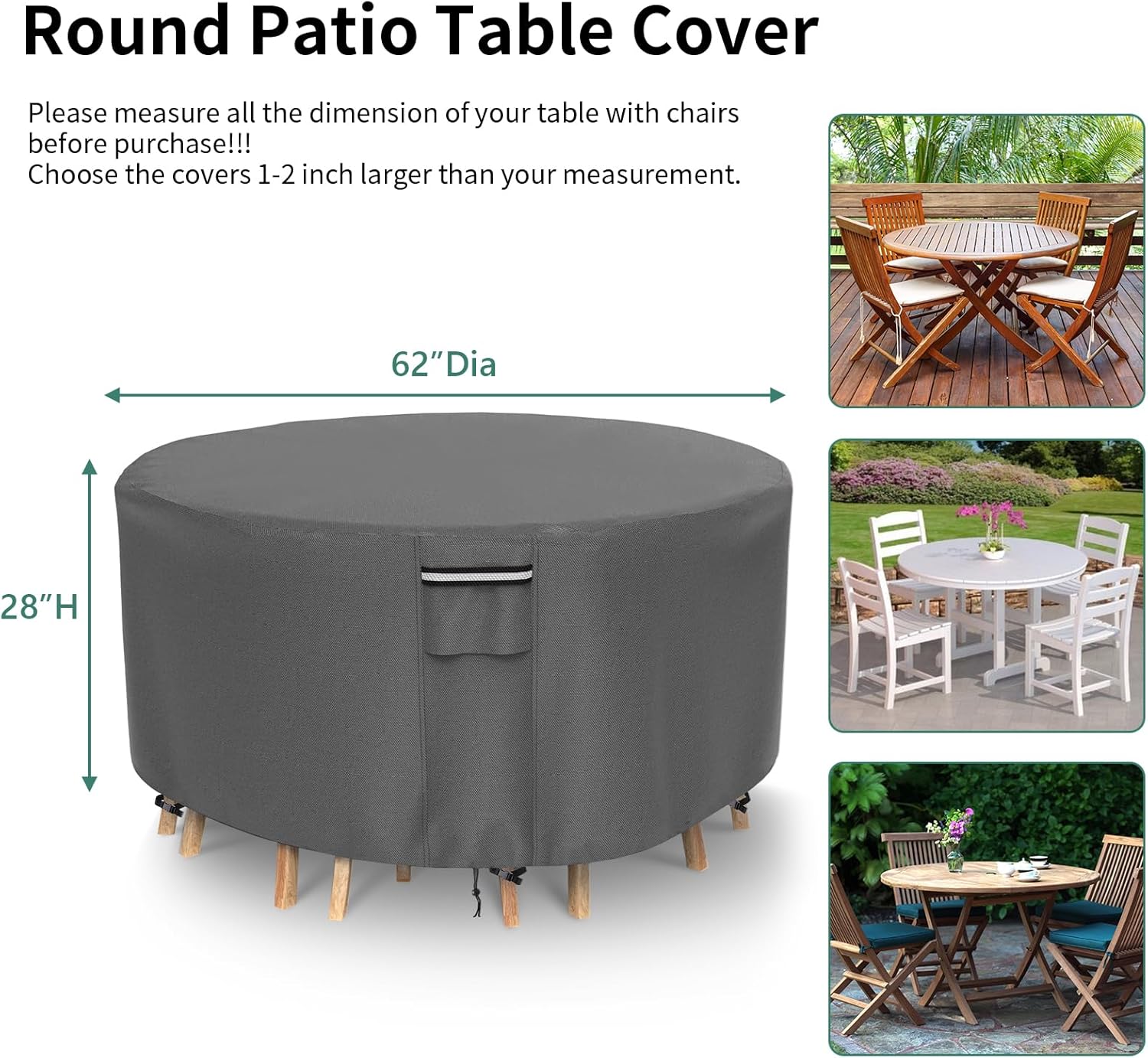Round Patio Furniture Covers, 500D Heavy Duty Waterproof UV Resistant Cover for Round Outdoor Dining Table & Chairs,62" Dia x 28" H -Gray