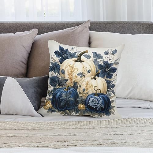 Miniatura 7 de Fundas de almohada para exteriores de 20 x 20 pulgadas, color azul oscuro y blanco, diseño de calabazas de acuarela cuadrada, fundas de cojín de