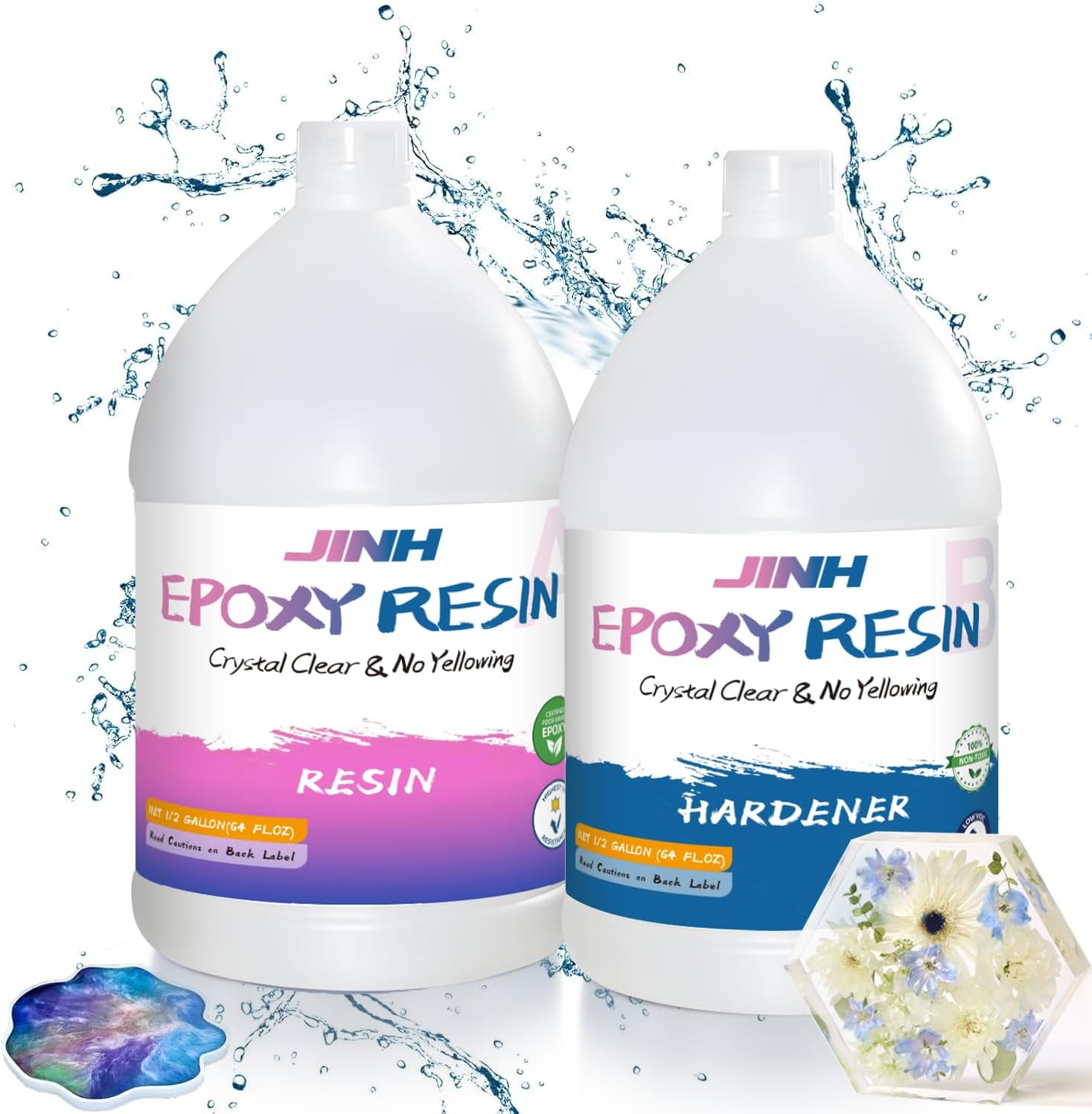 1 Gallon Epoxy Resin,Crystal Clear Table Top Epoxy Food Contact That Self Leveling, Fast Curing 2 Part for Coating, Casting, Resin Art,Wood,Tumblers1:1 (0.5Gal + 0.5Gal Hardener)