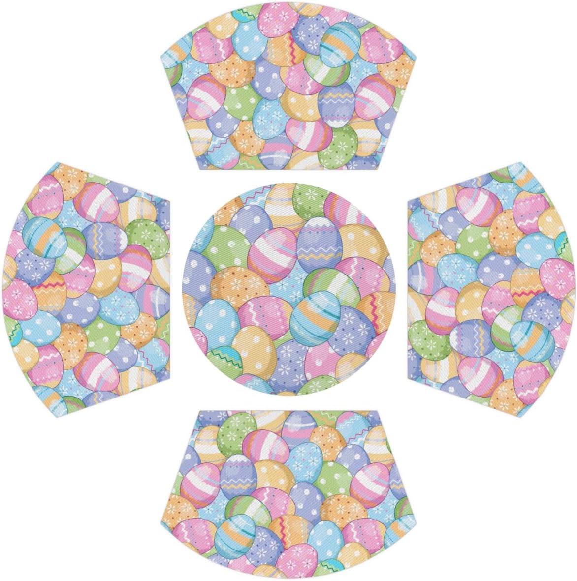Easter PVC Placemats Set of 4 with Round Centerpiece Mat, Happy Easter Cartoon Colorful Eggs Wedge Table Mats, Washable, Heat Resistant